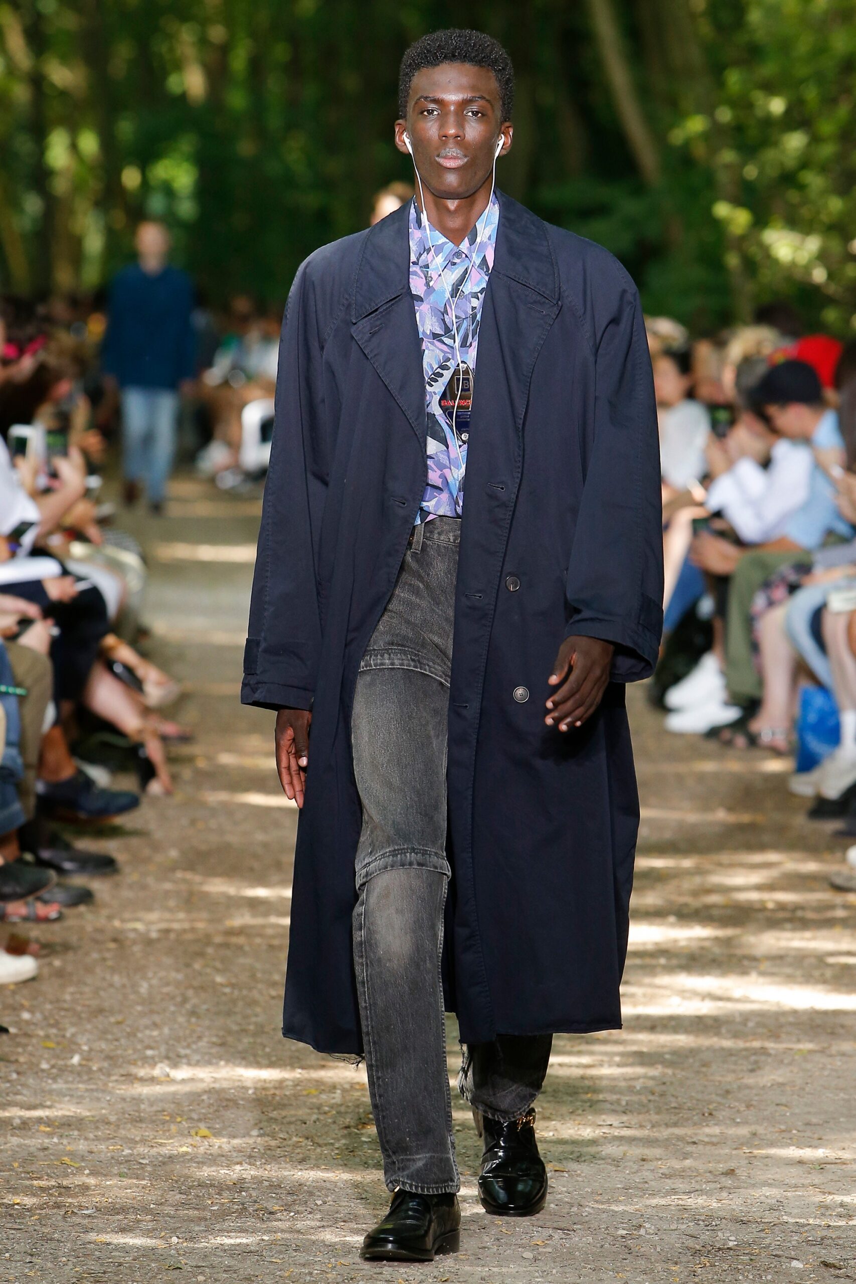 navy coat with printed shirt