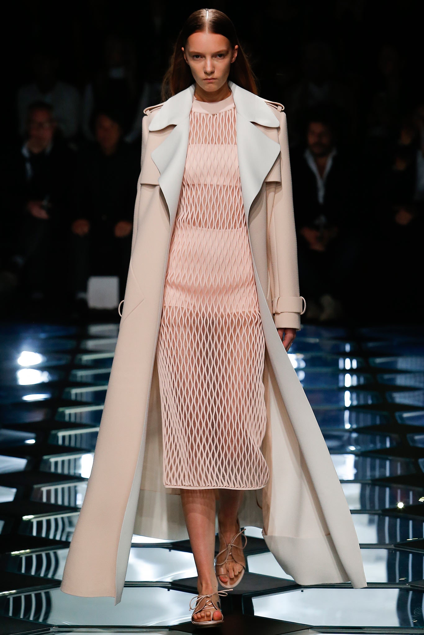 beige coat and pink mesh dress