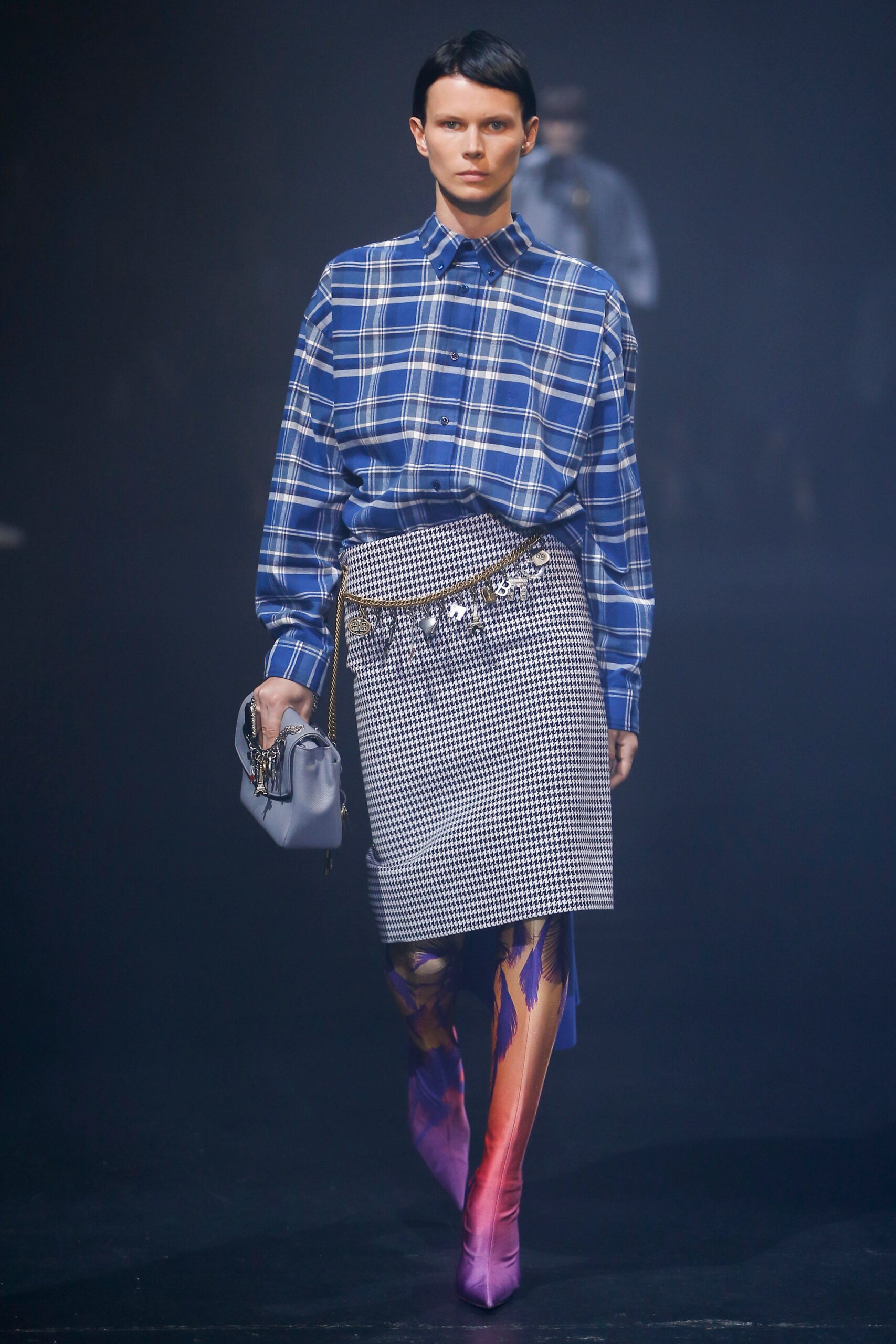 blue checked shirt gray pencil skirt