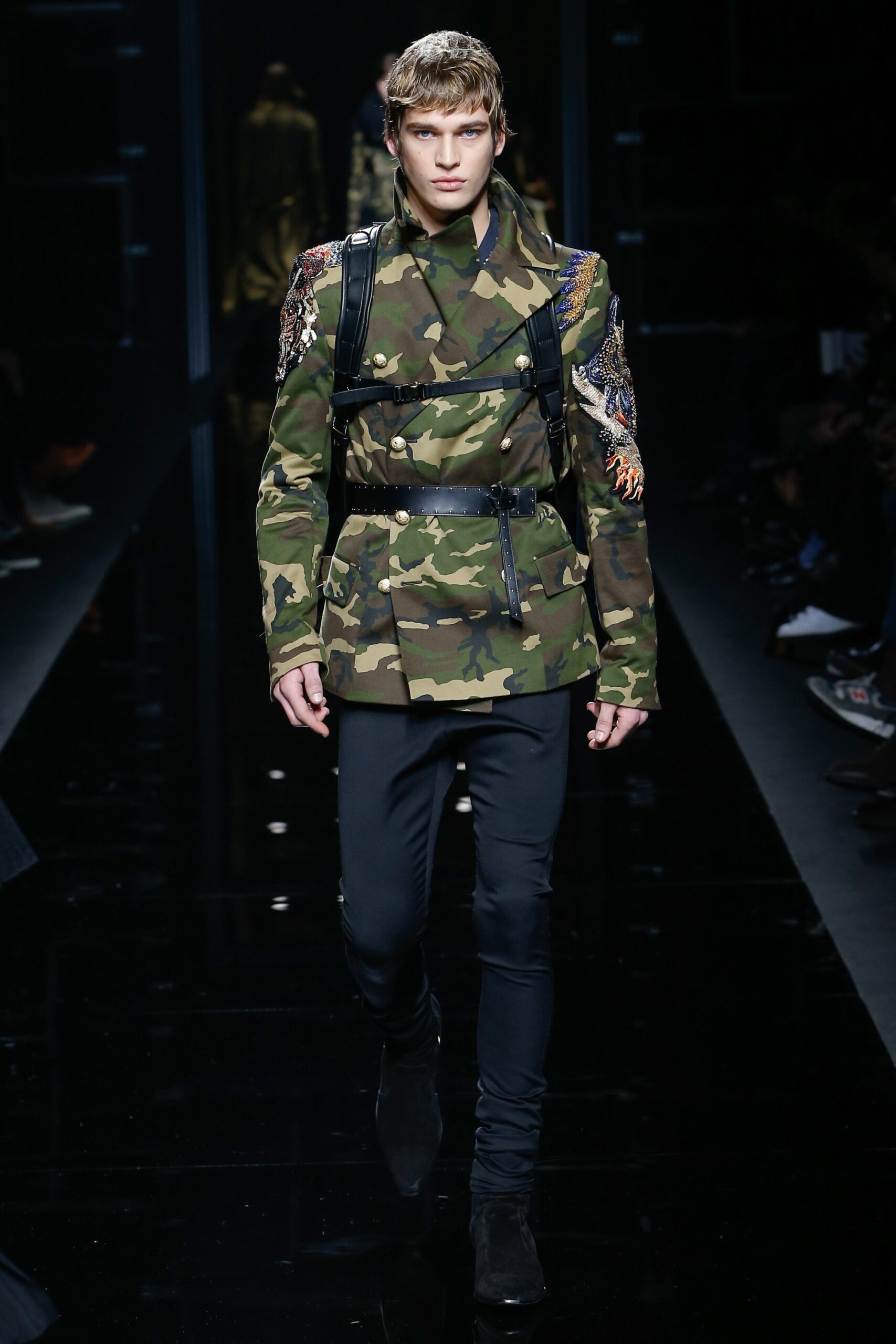 fitted camouflage jacket with slim pants