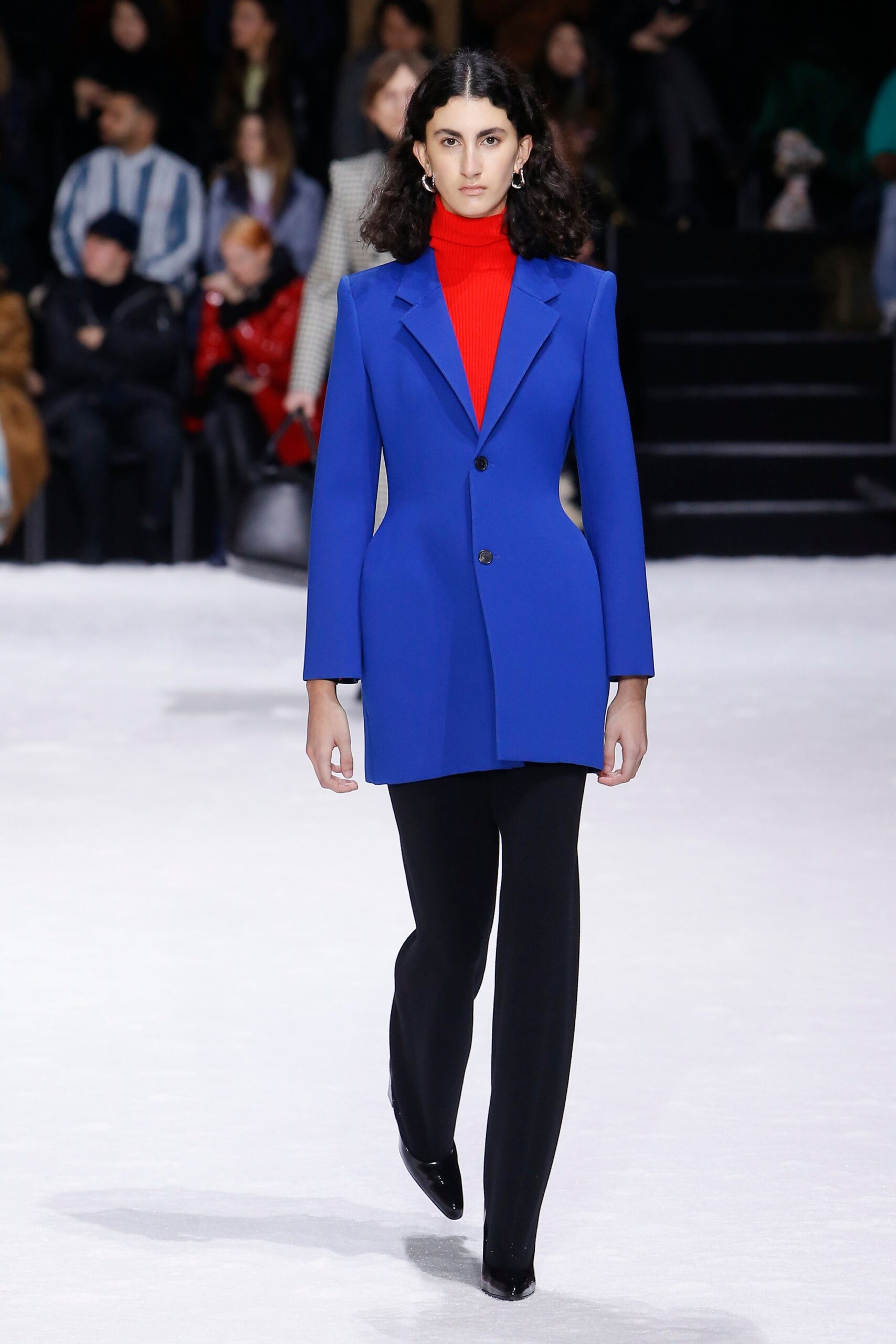 blue tailored blazer with red top