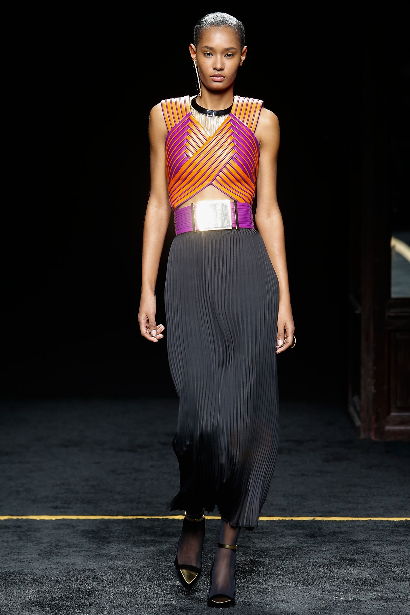 black pleated midi dress with colorful top