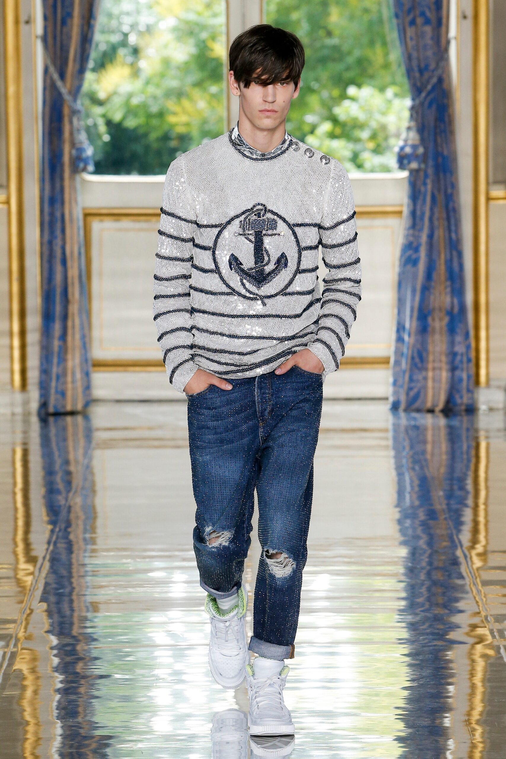 white striped sequin sweater