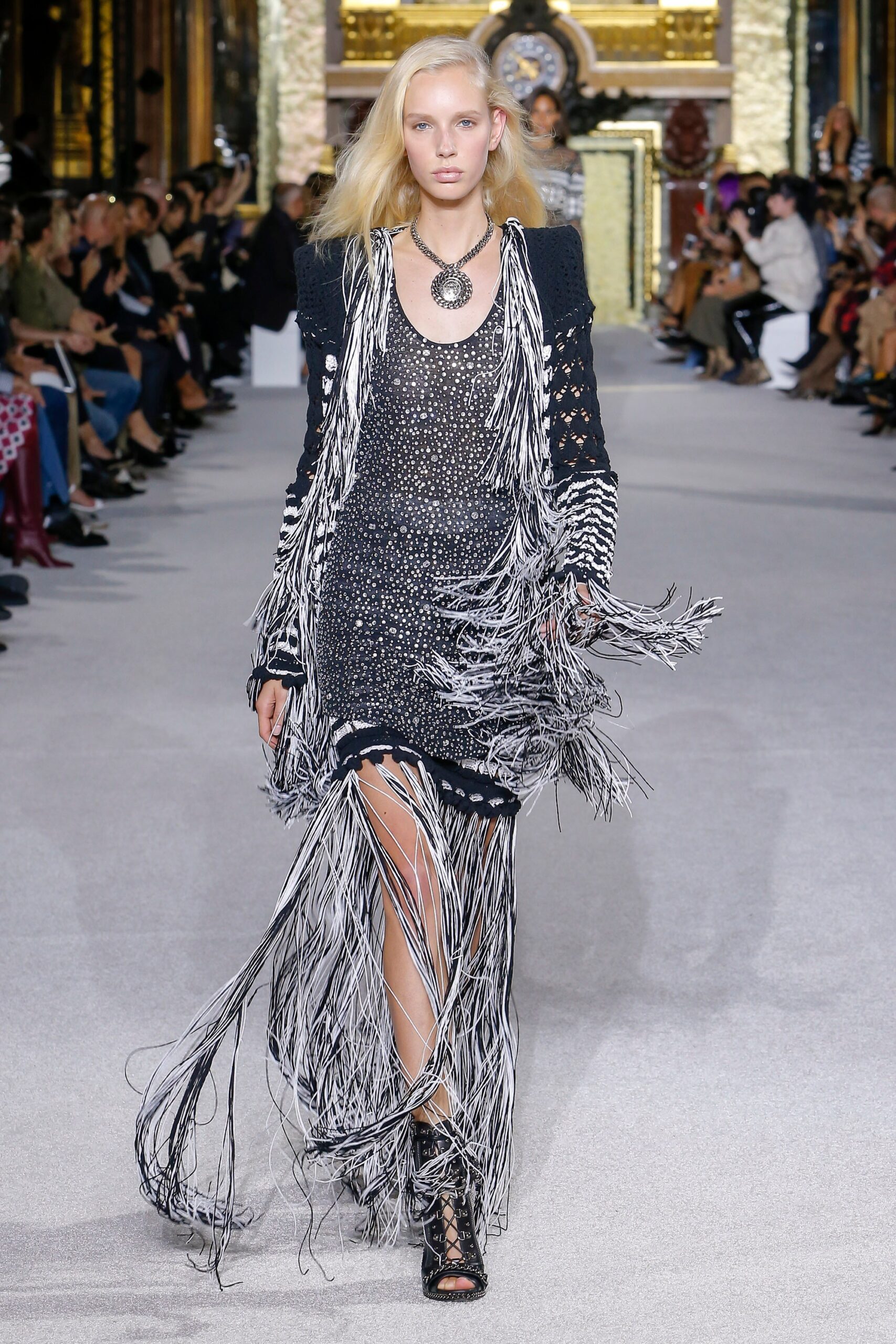 black and white fringed midi dress