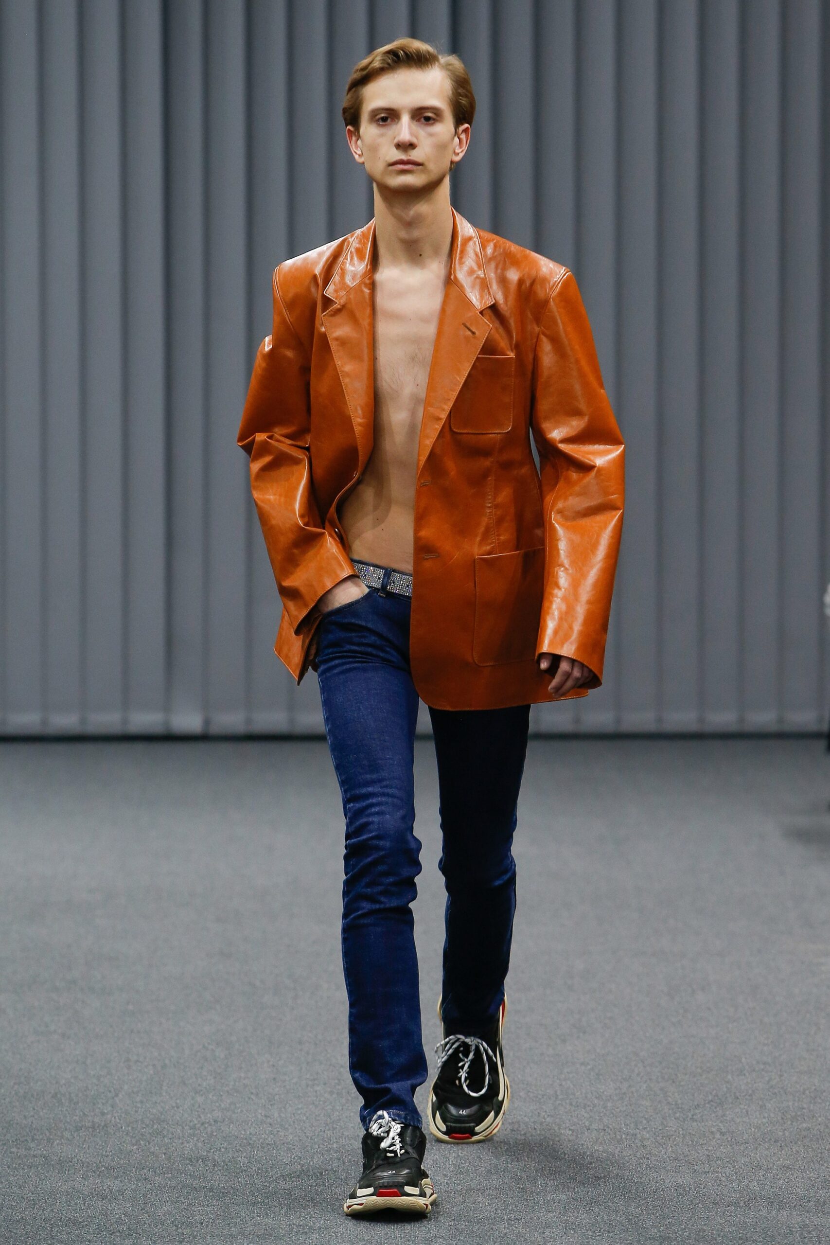 orange leather long-sleeve collared oversized buttoned jacket