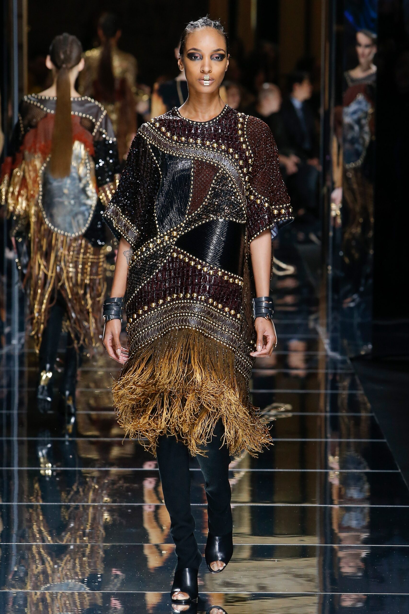 brown gold black fringed dress