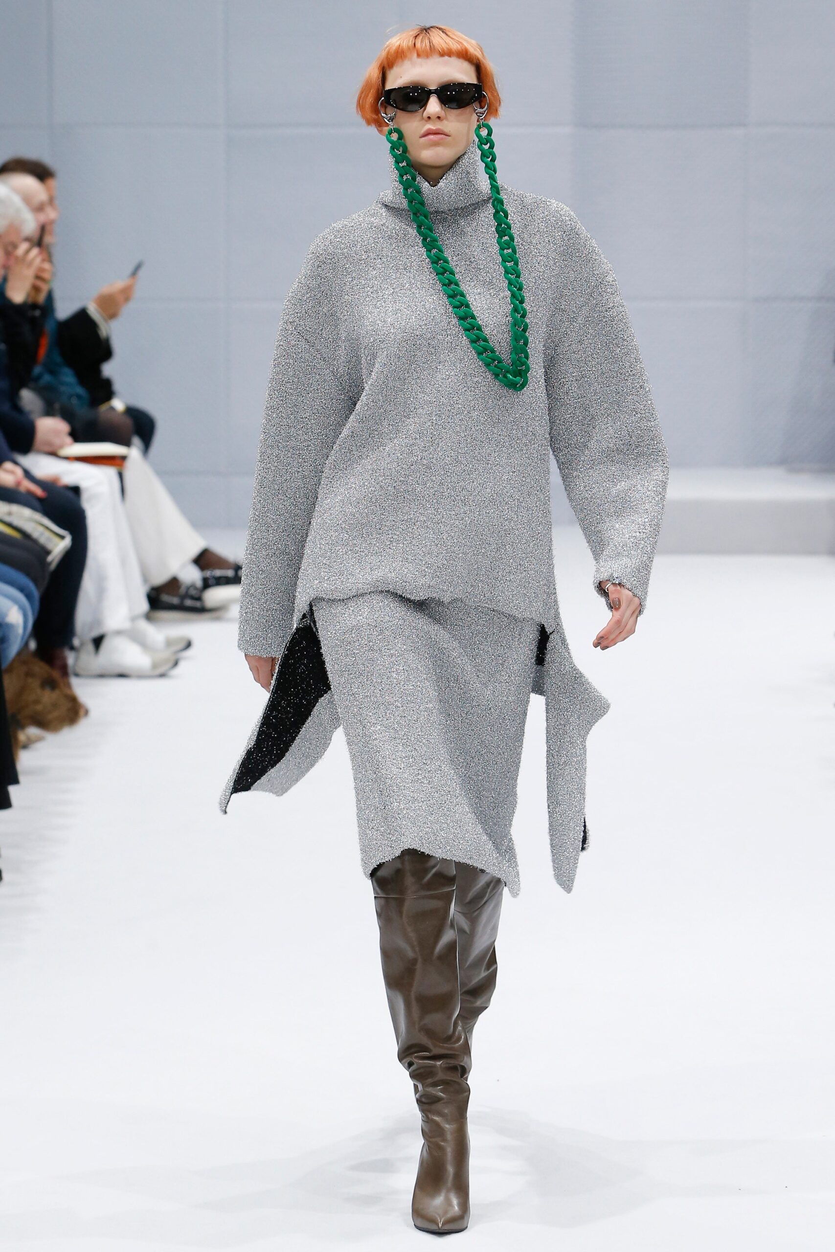 gray knit long-sleeve turtleneck oversized midi dress