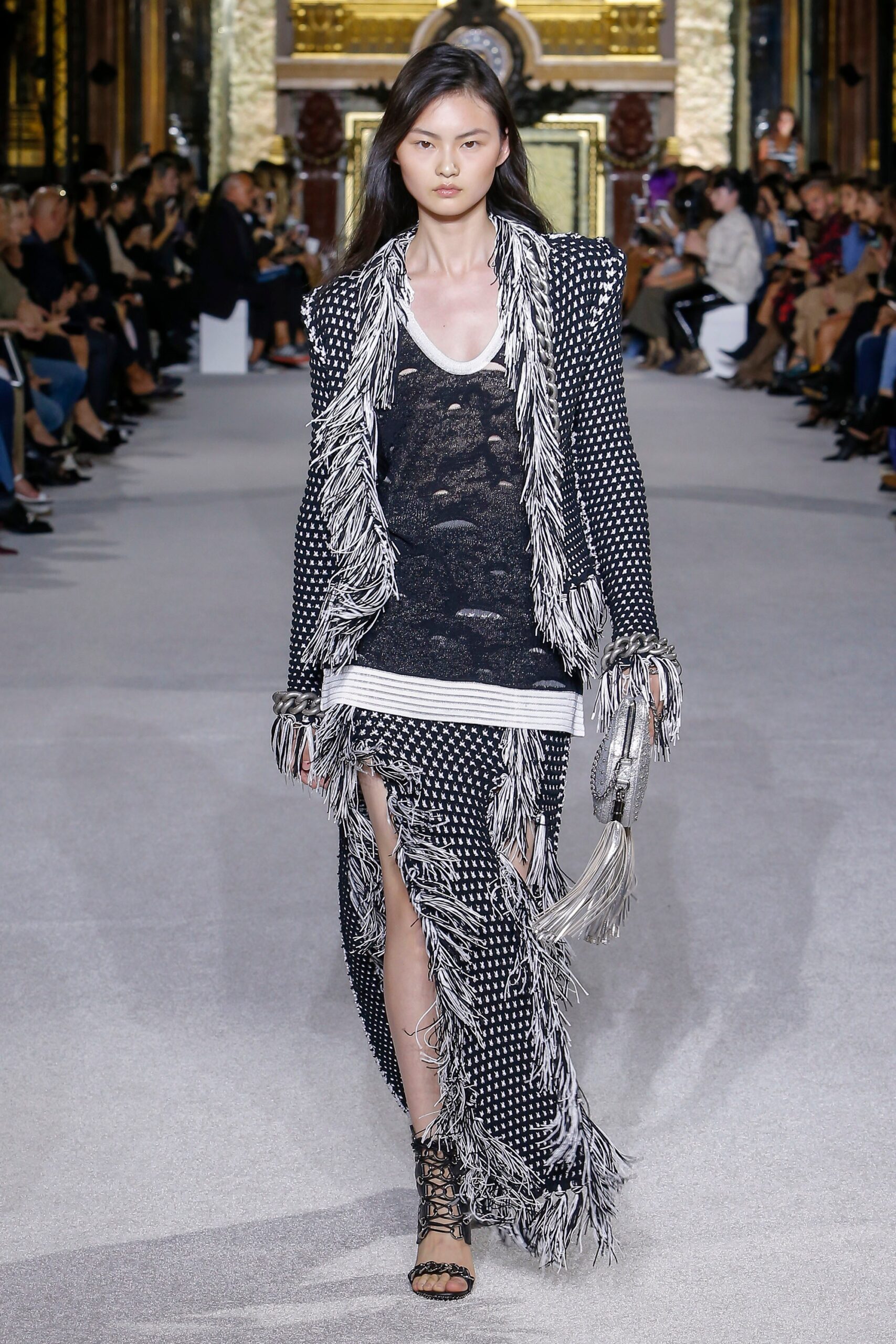 black and white fringed midi dress with jacket
