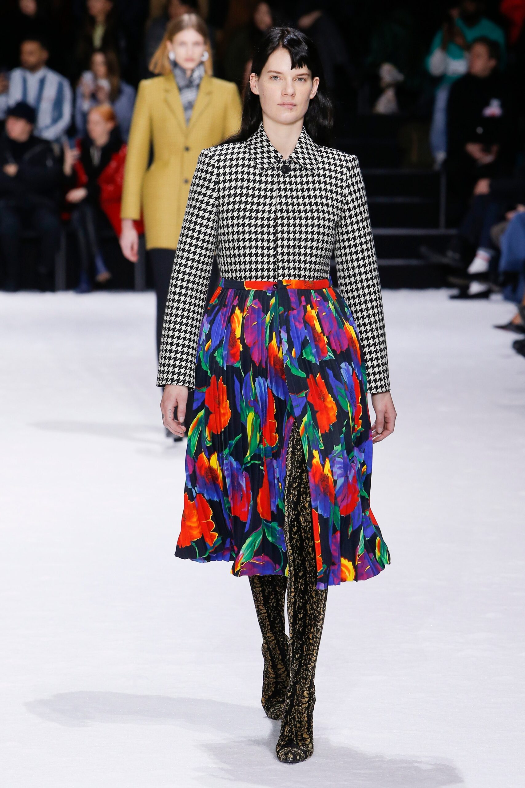 black and multi-colored pleated dress