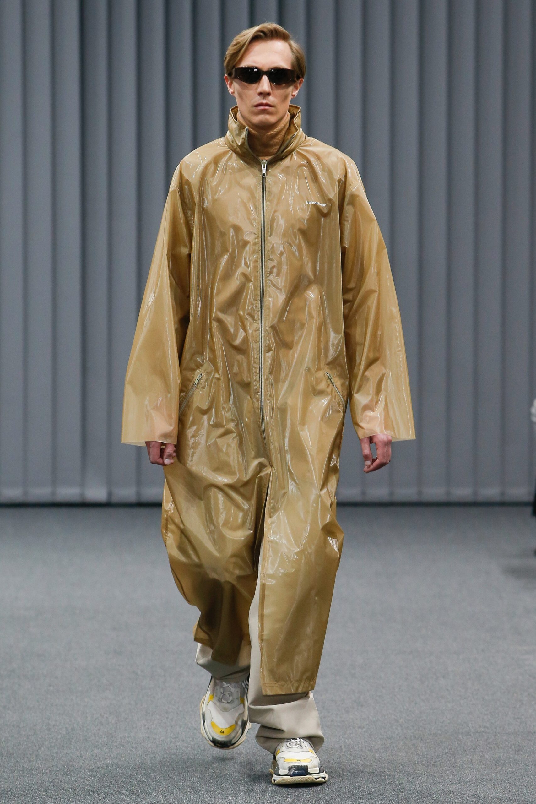 beige vinyl long-sleeve hooded relaxed zippered shiny coat