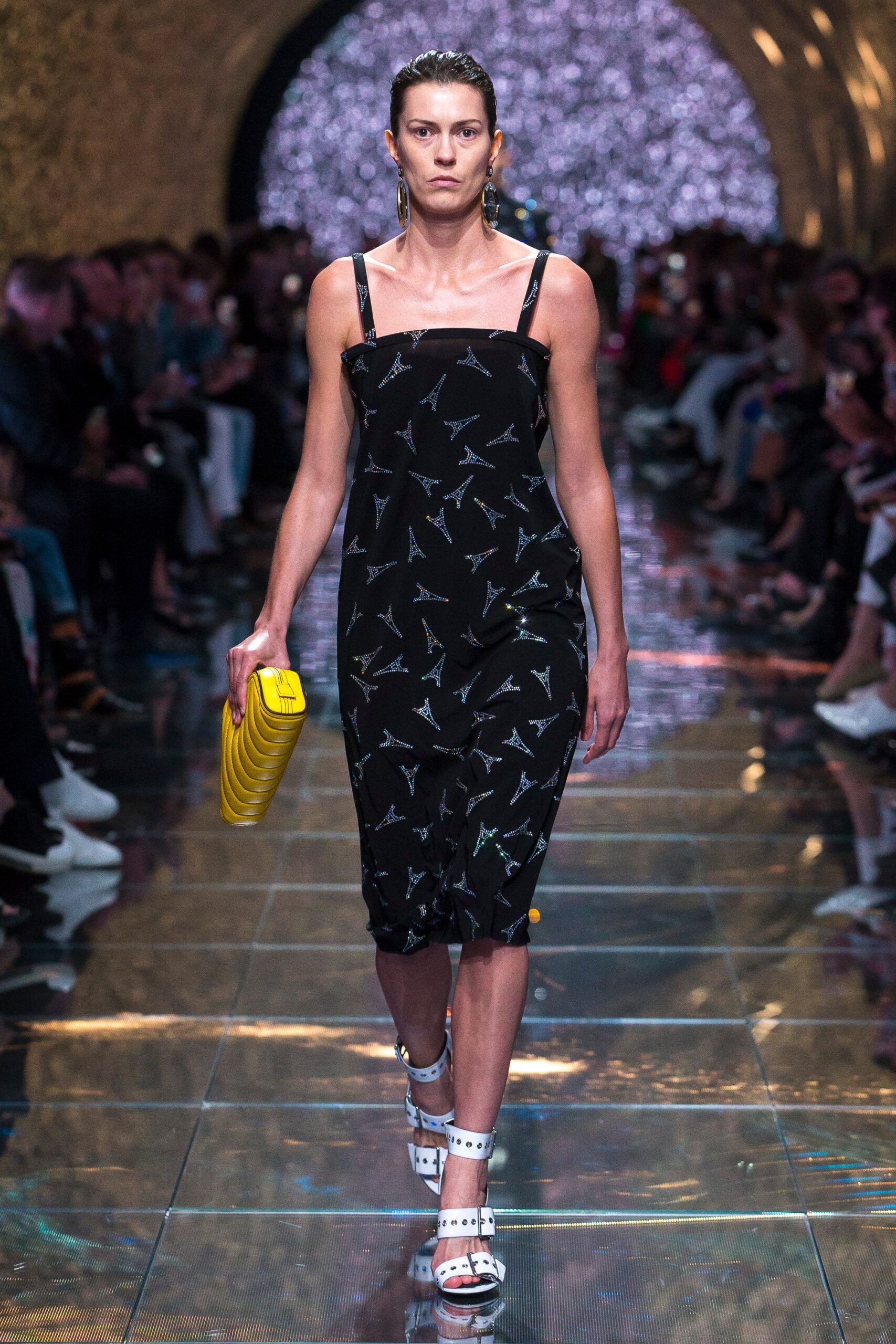 black printed midi dress with accessories