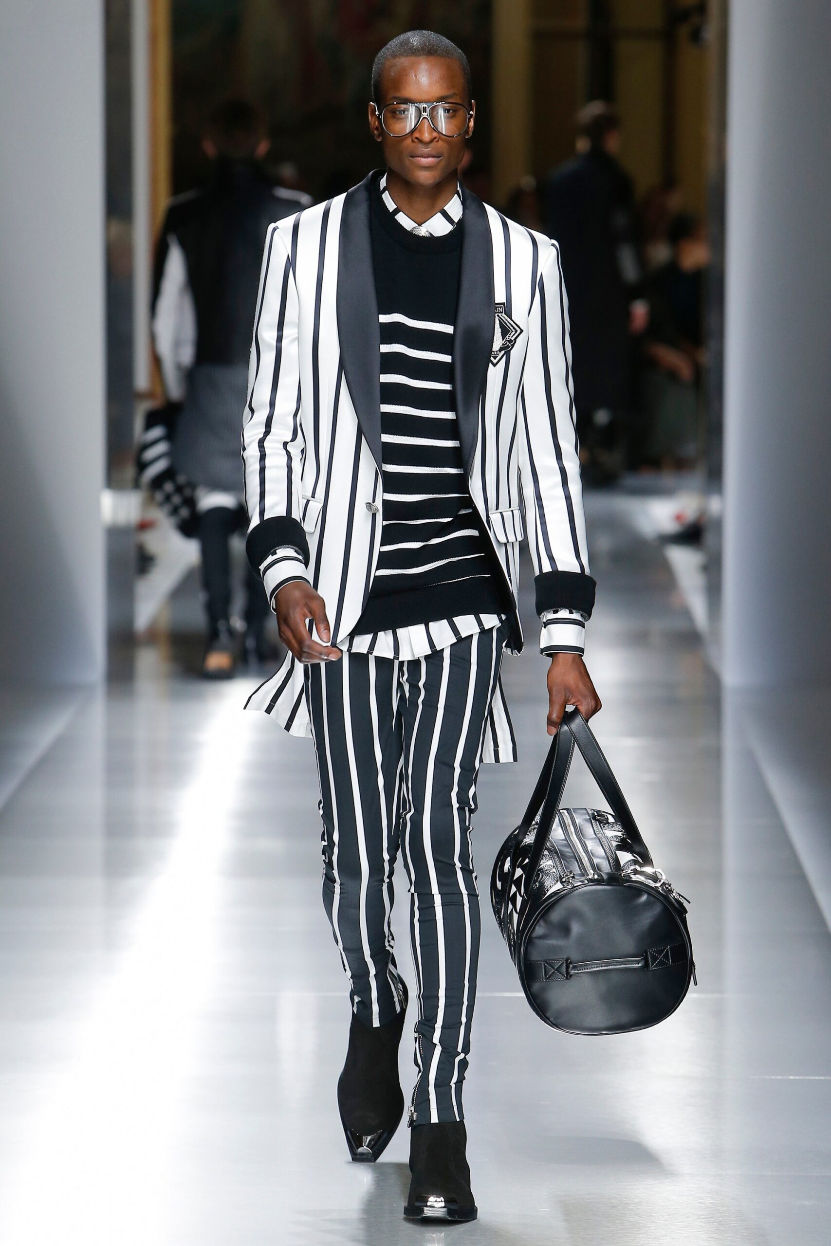 black and white striped suit