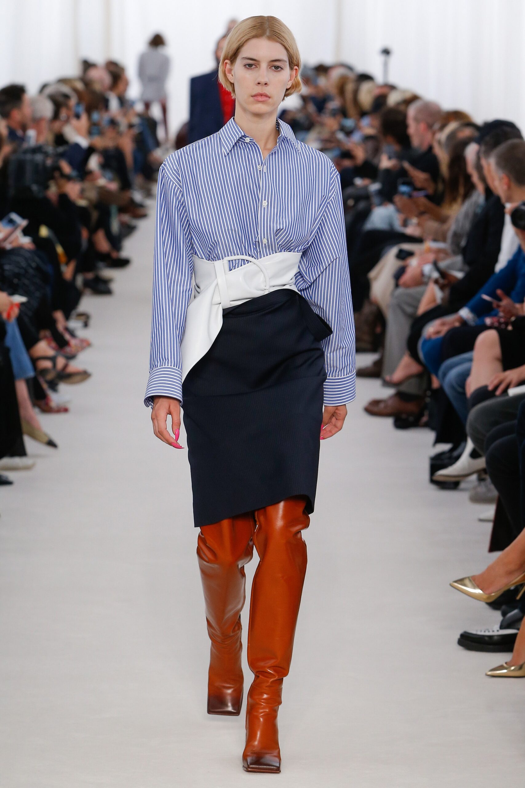 blue striped fitted shirt with navy pencil skirt