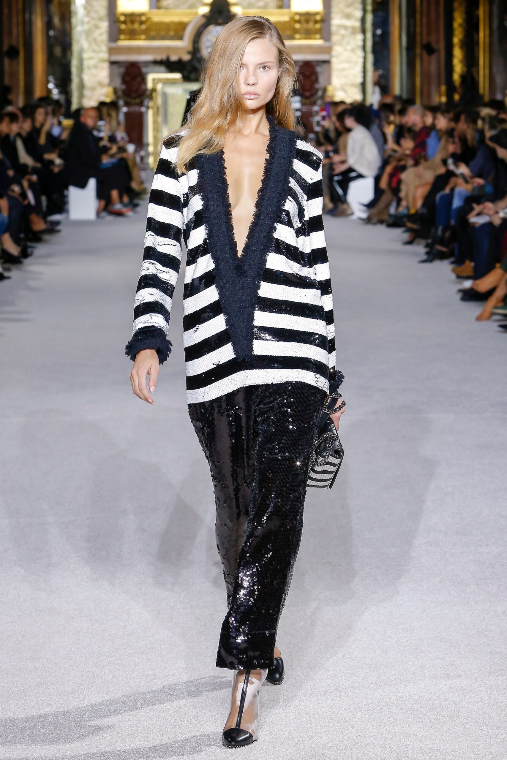 black sequin long-sleeve v-neck fitted striped fringed blazer
