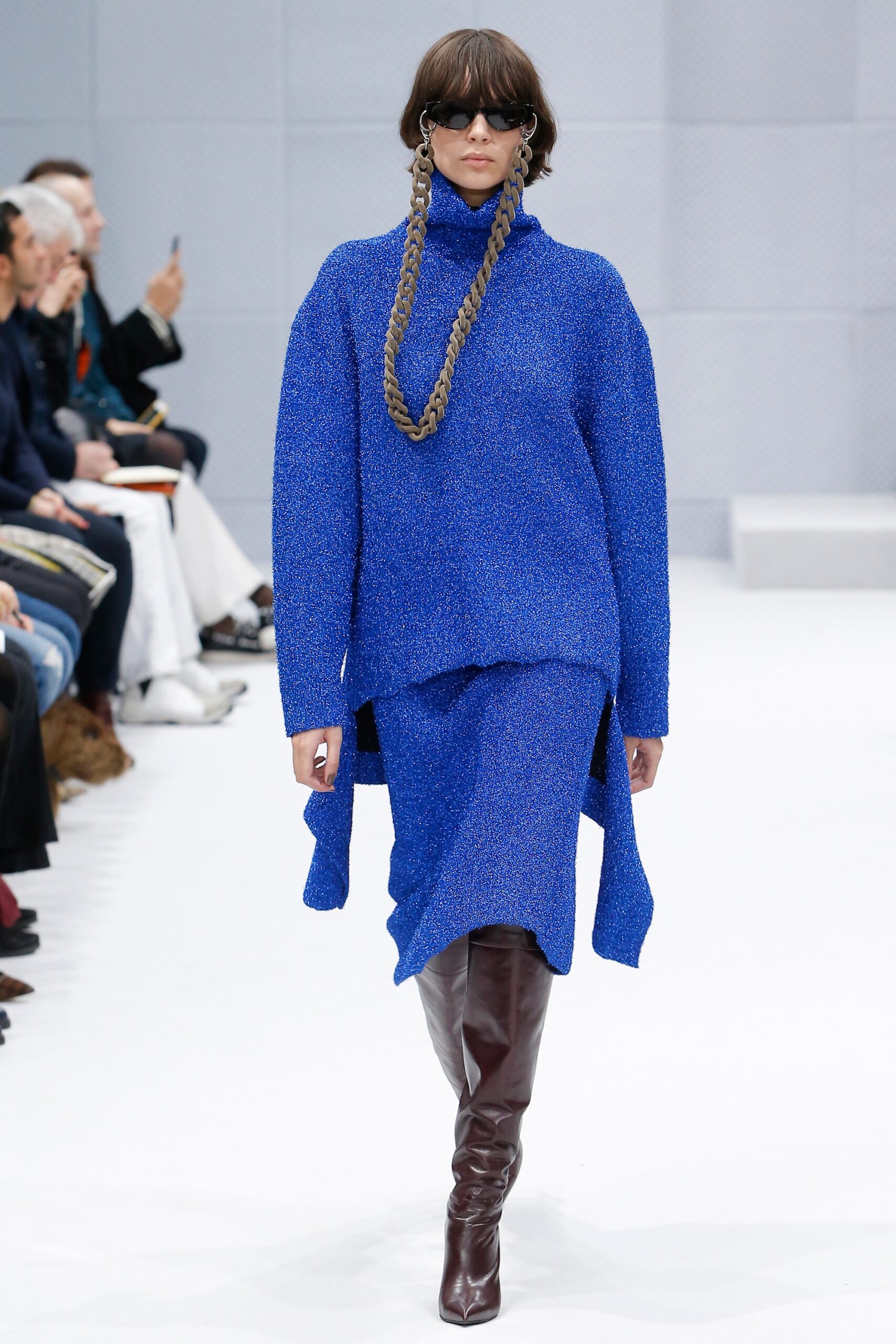 blue knit midi dress with boots