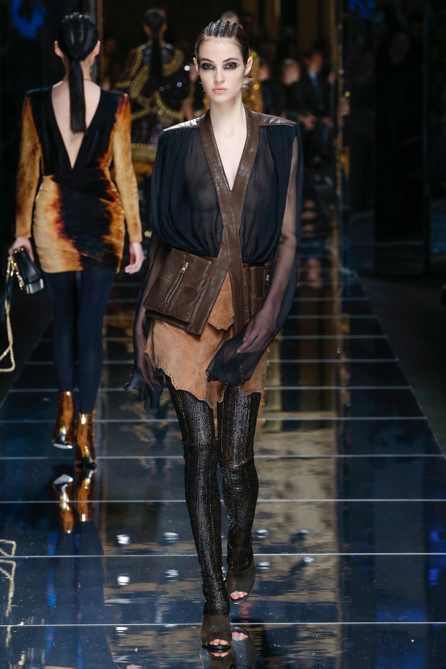 black silk top brown leather skirt