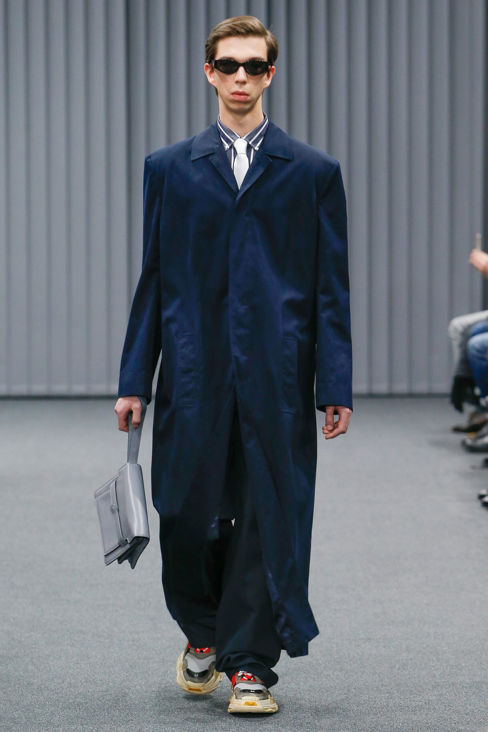 blue coat with relaxed pants