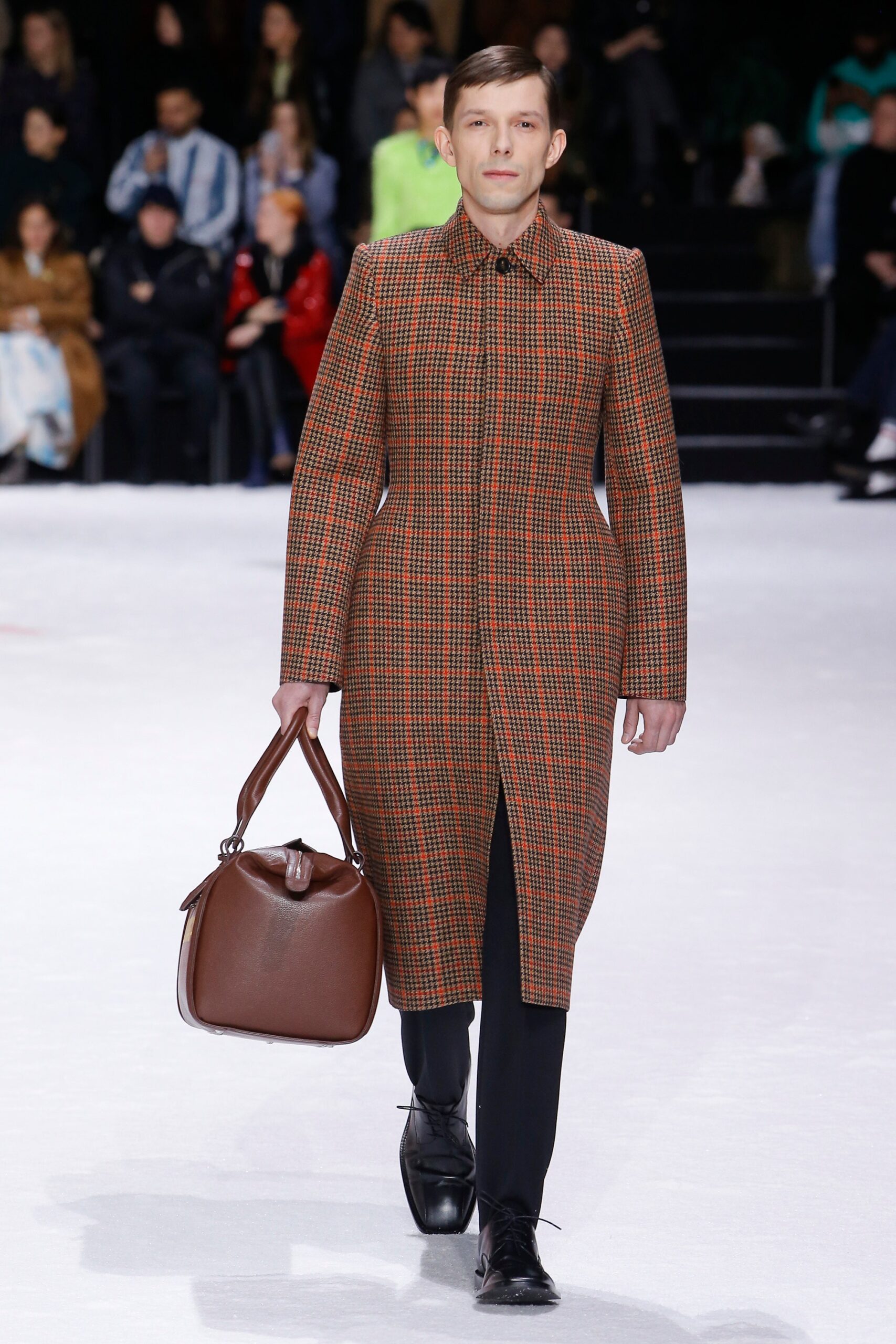 brown checked coat with black pants