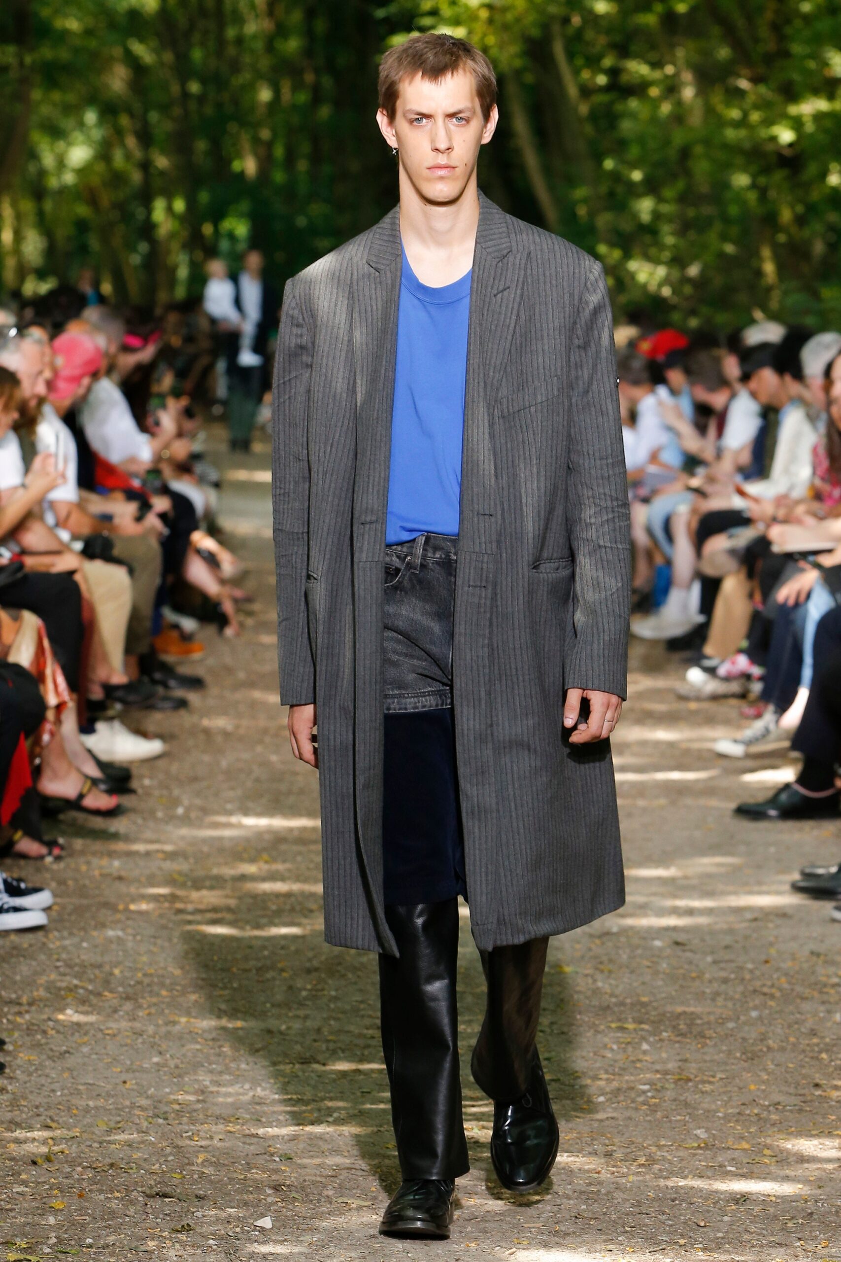 gray wool coat with blue t-shirt