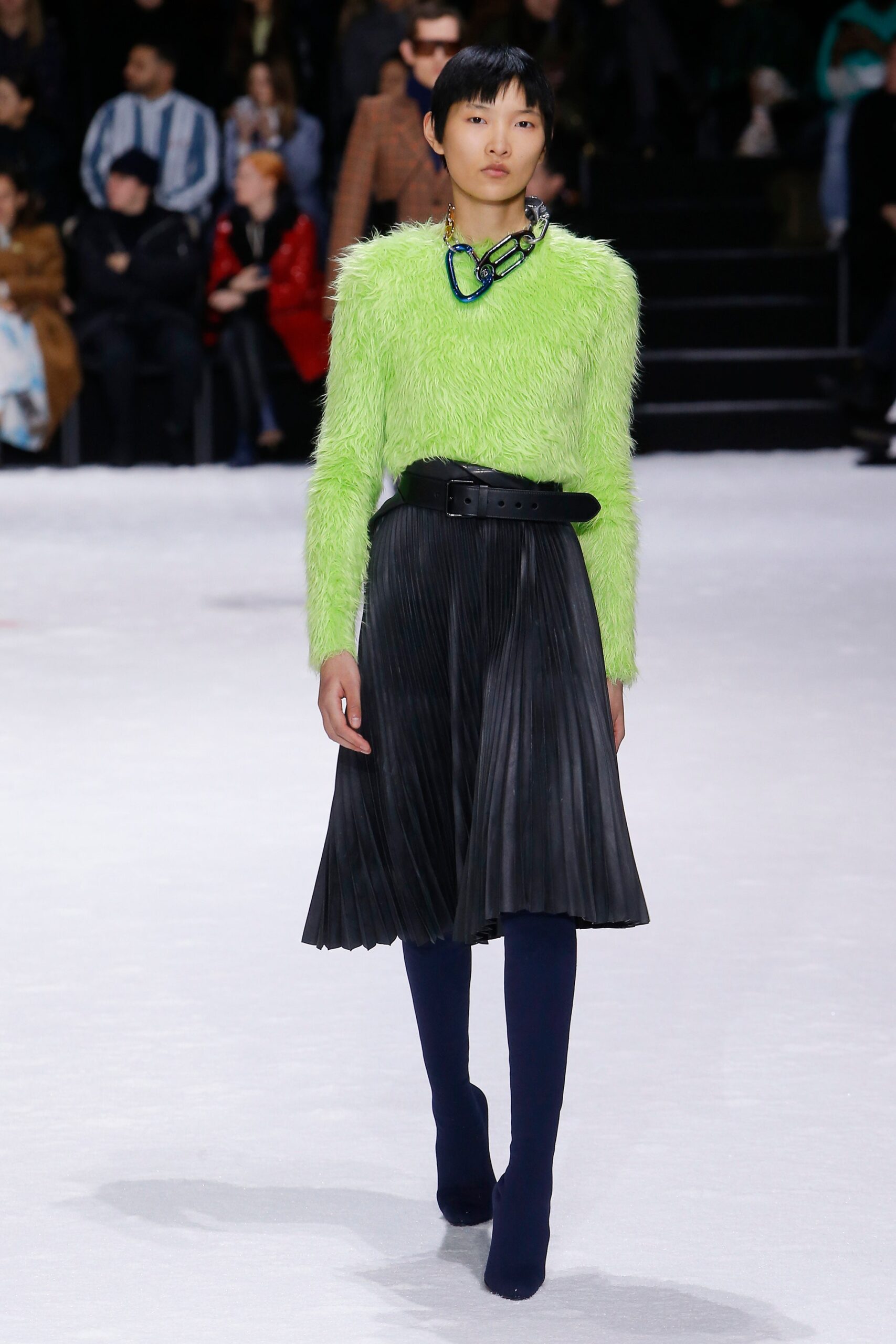 green fur long-sleeve collared fitted textured top