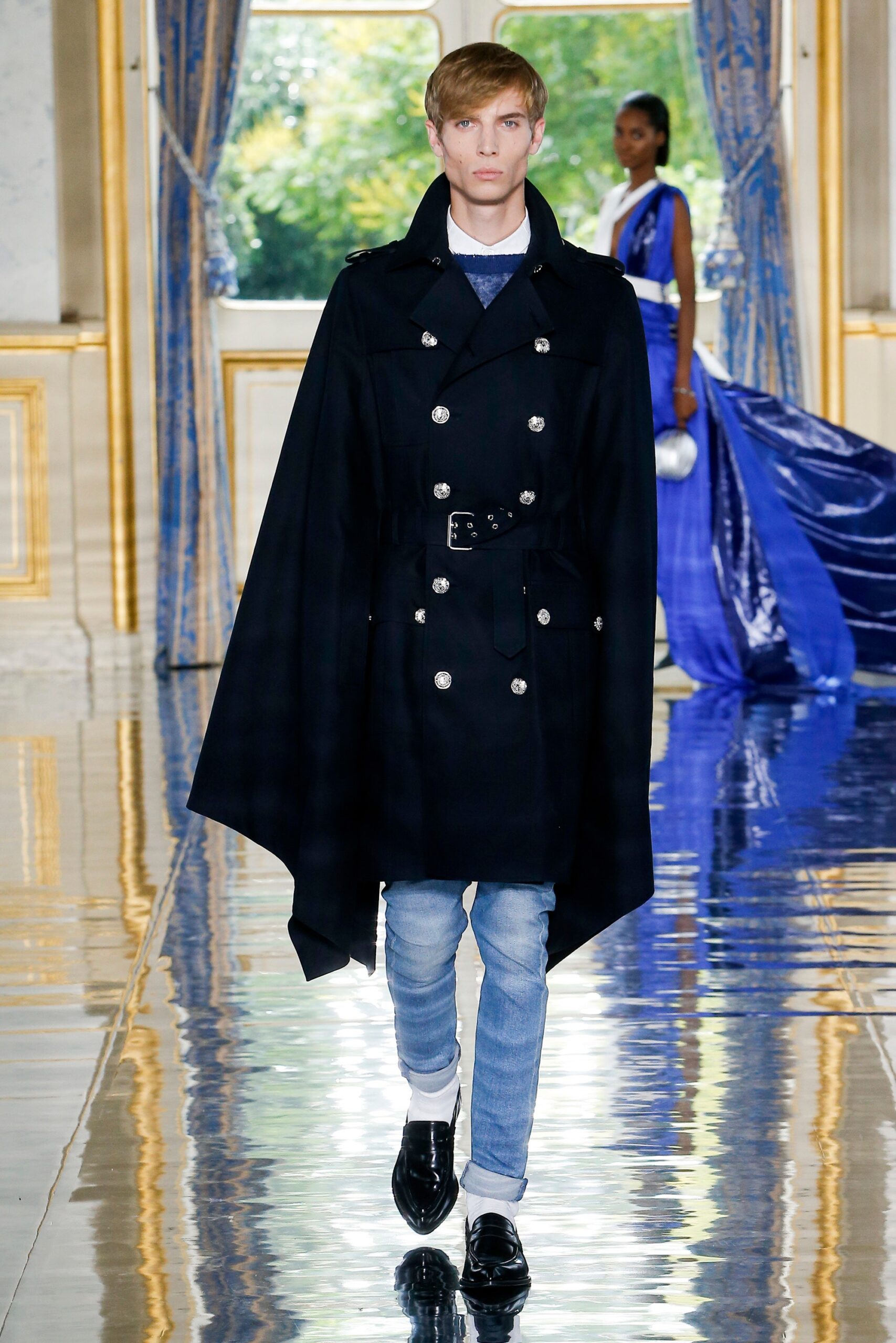 black wool cape with blue shirt