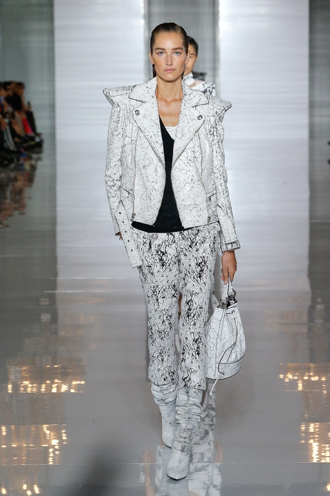 white leather fitted jacket and pants