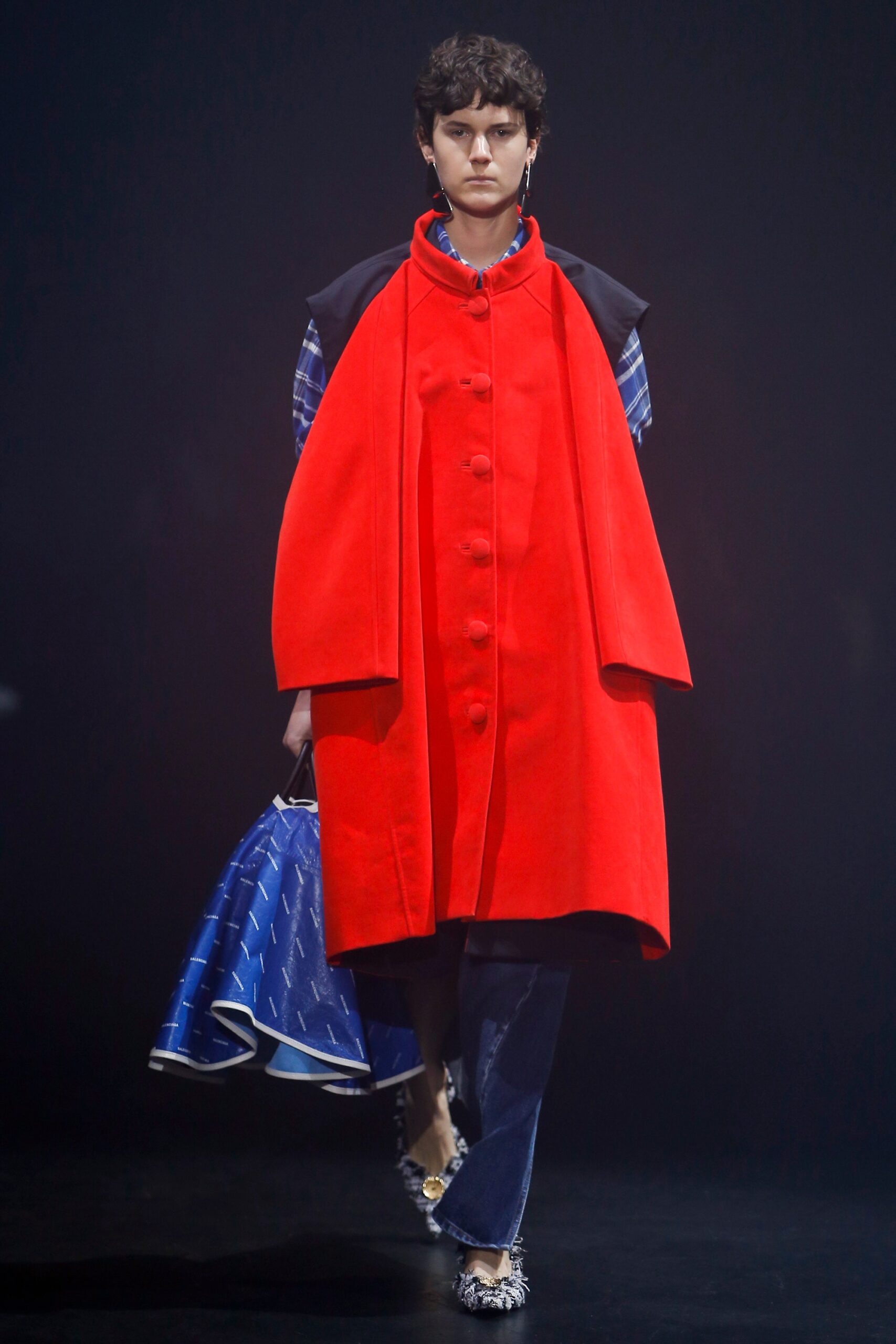 red wool long-sleeve collared relaxed buttoned cape
