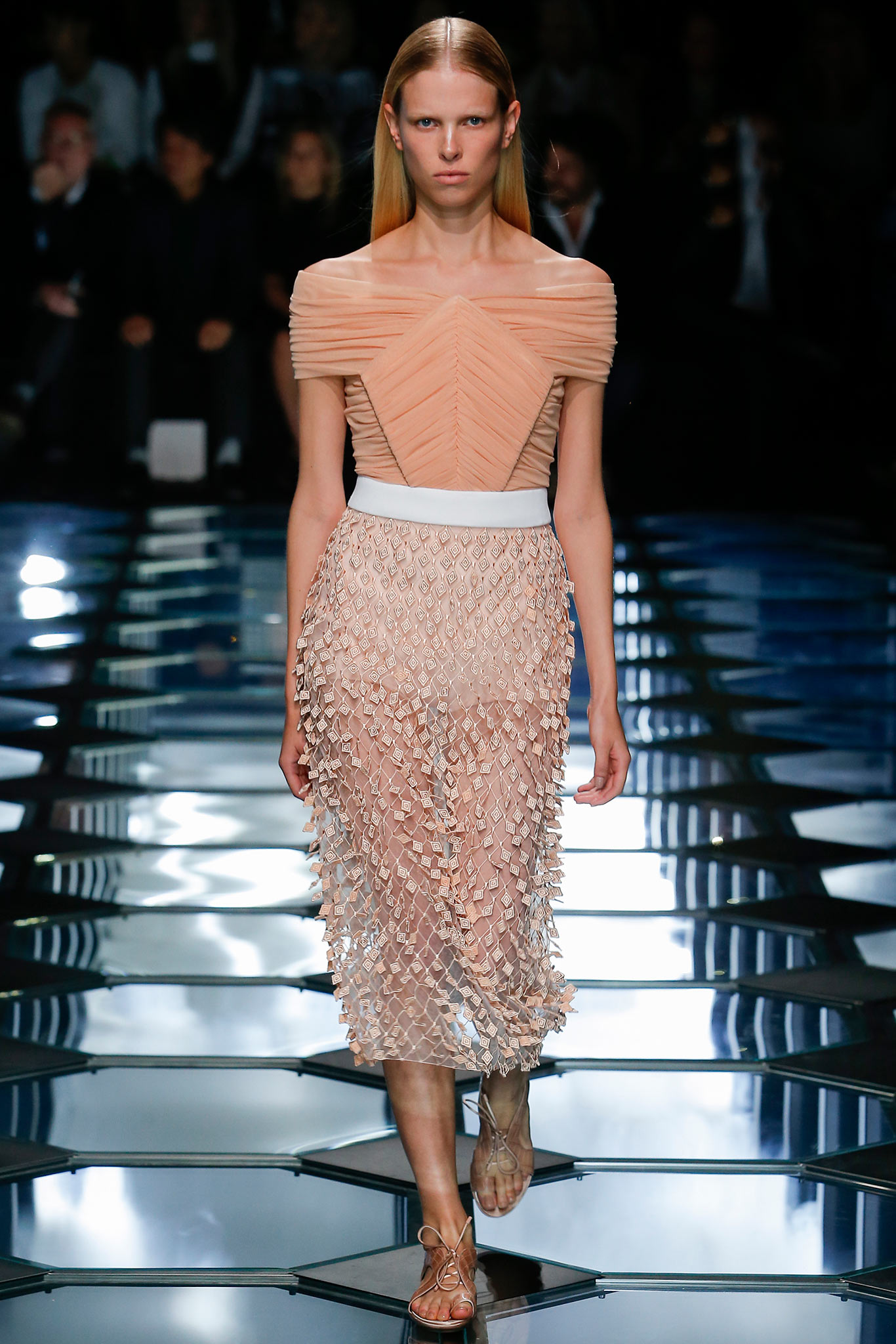 fitted peach pleated midi dress