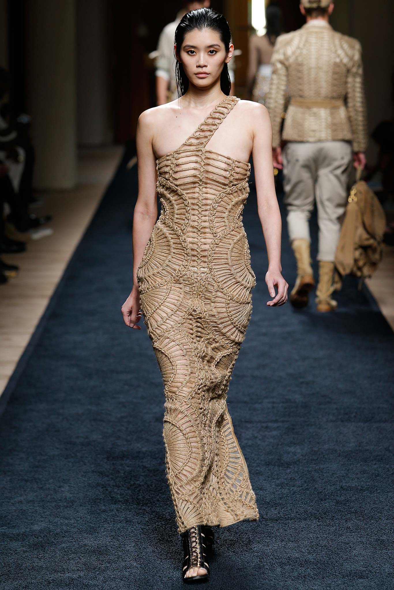 beige lace asymmetric gown
