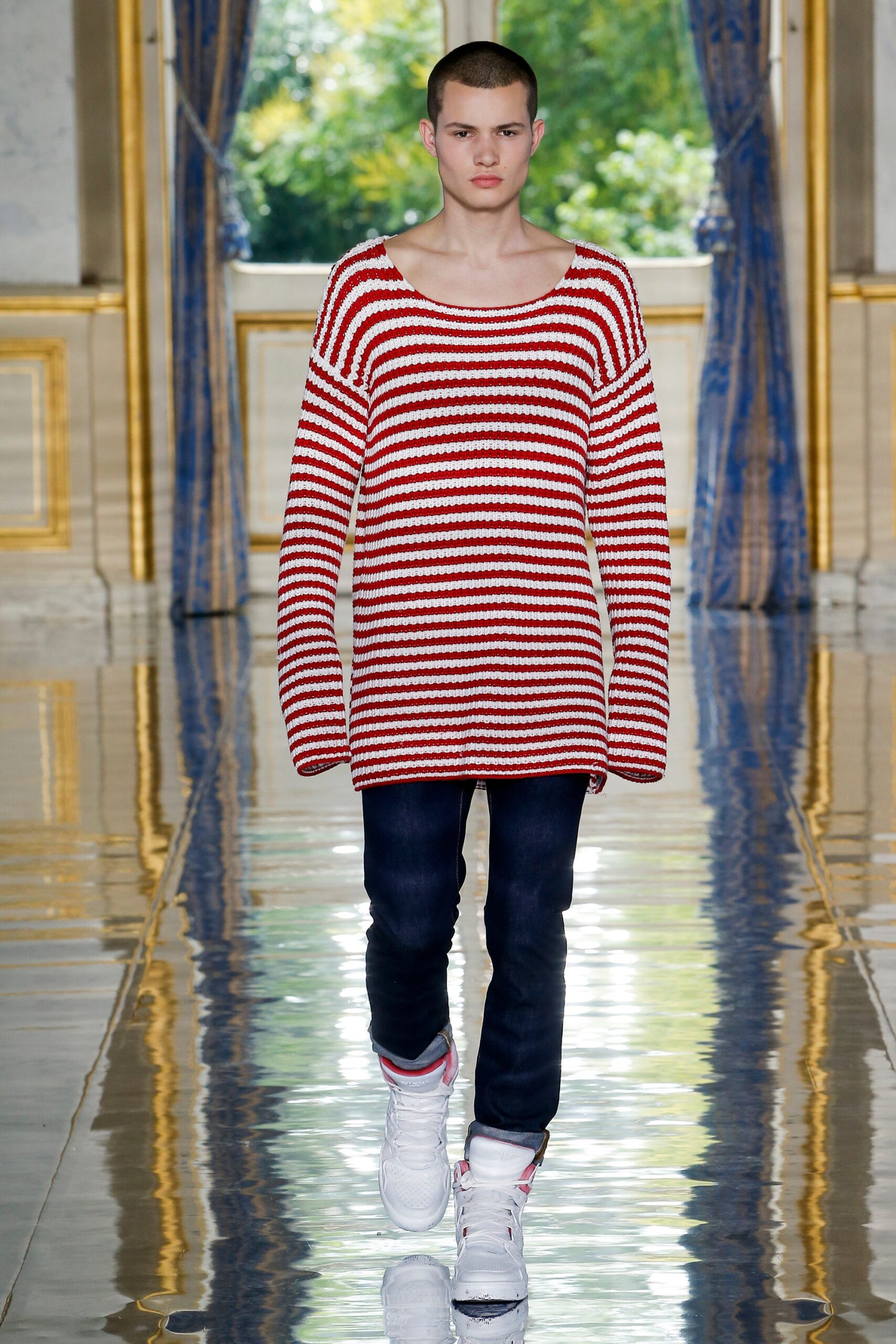 red and white striped sweater with jeans