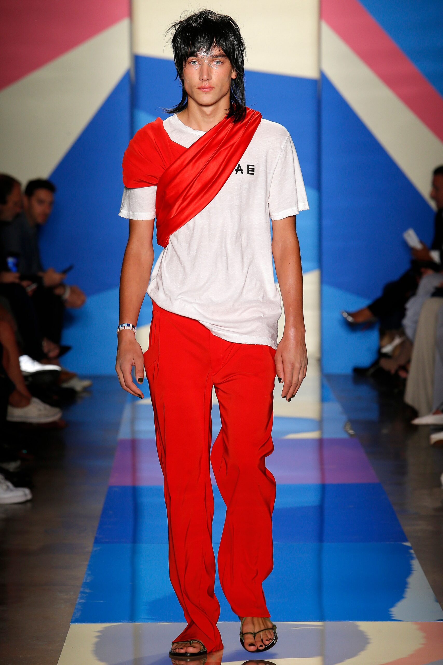 white relaxed t-shirt and red cargo pants