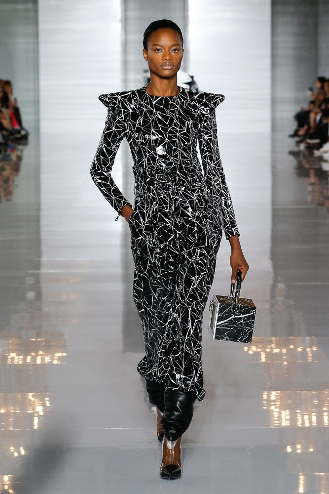 black silk long-sleeve v-neck fitted printed shiny dress