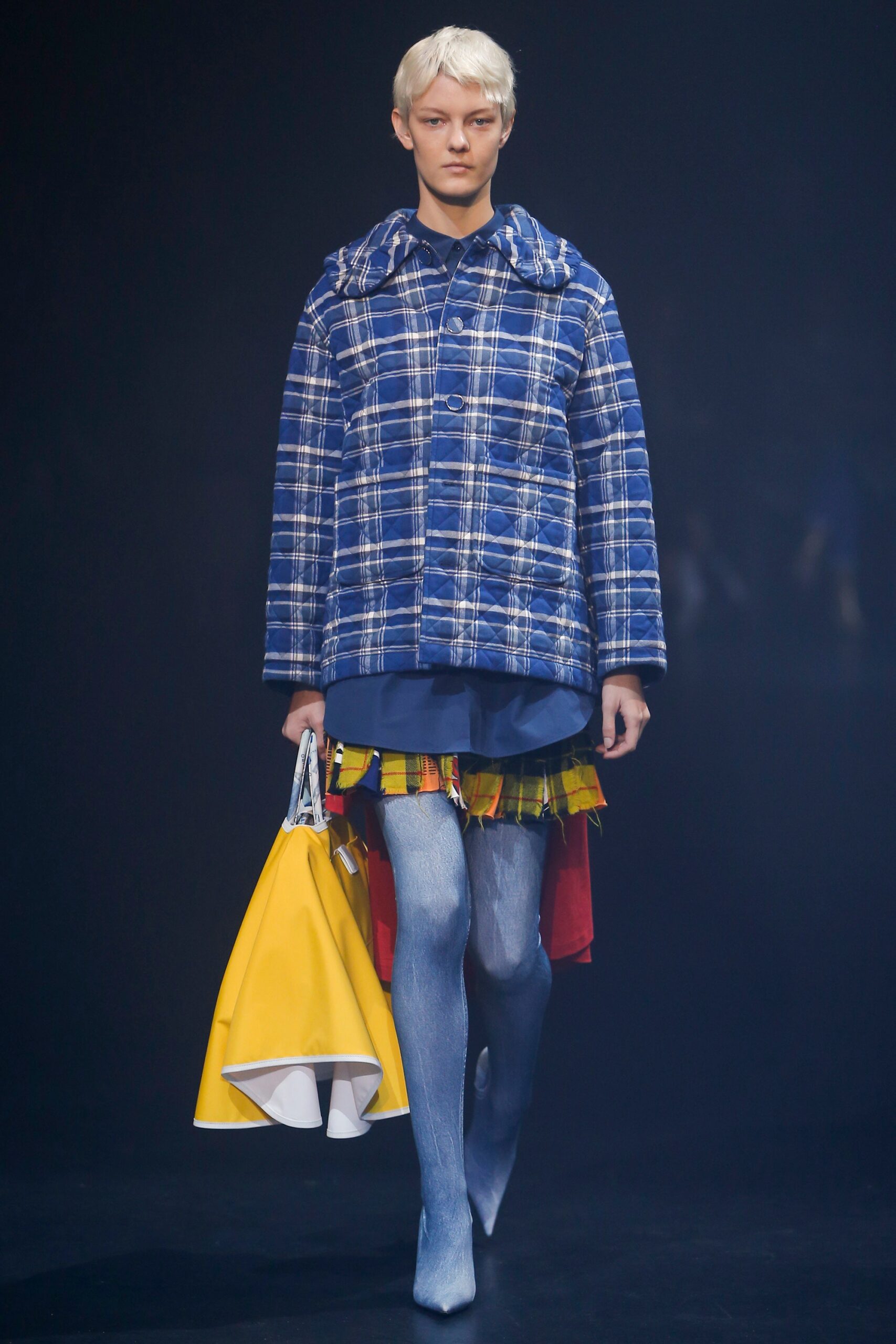 blue checked jacket with multi-tiered skirt