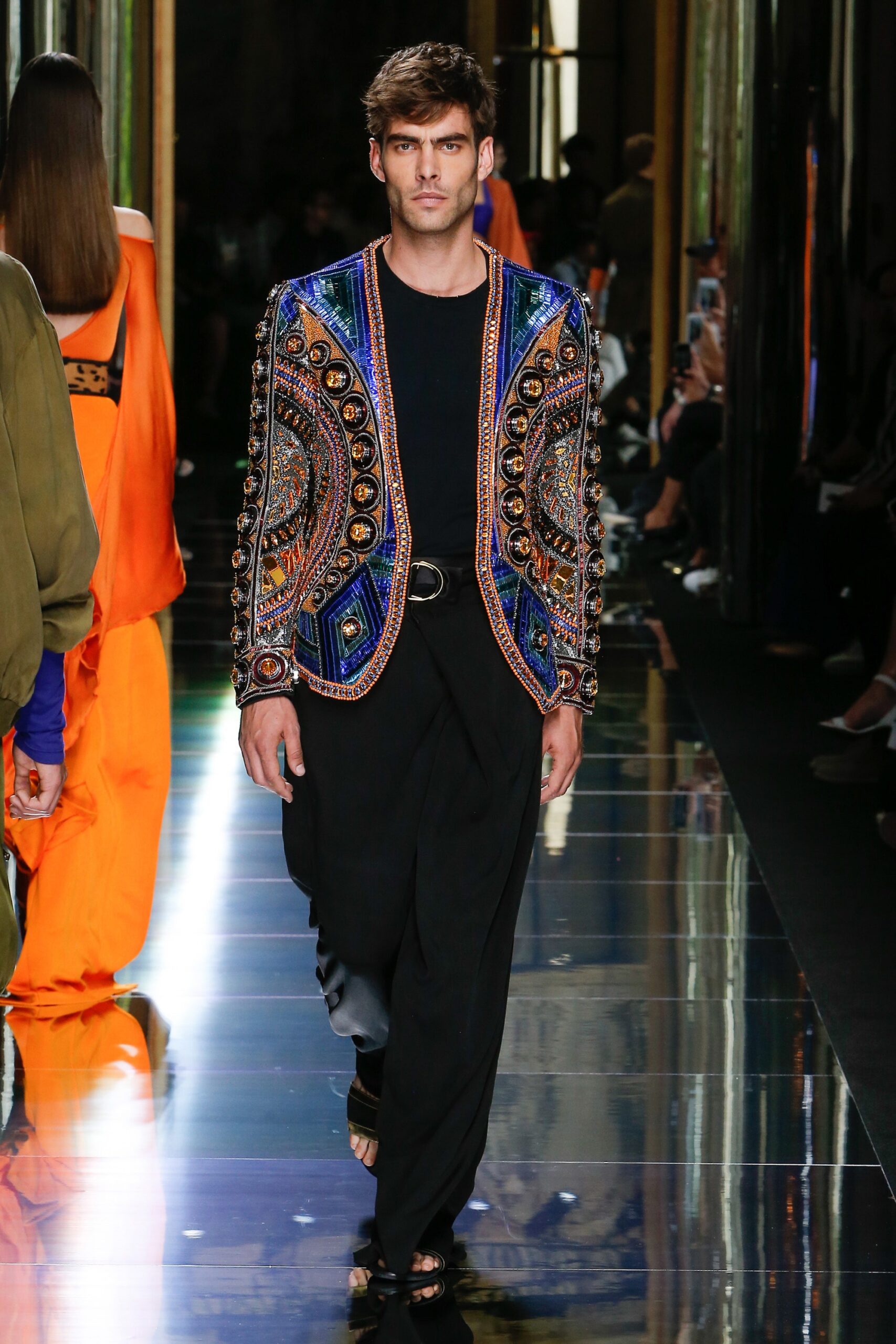 blue silk long-sleeve collared fitted embroidered layered jacket