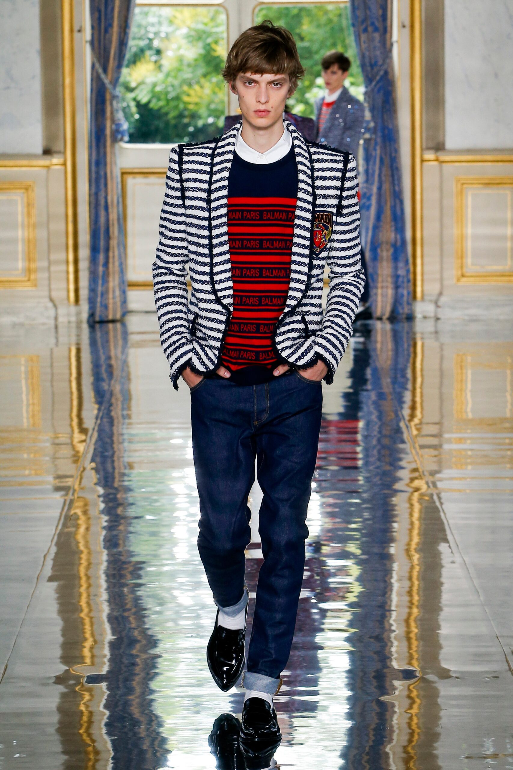 striped blazer with sweater and jeans