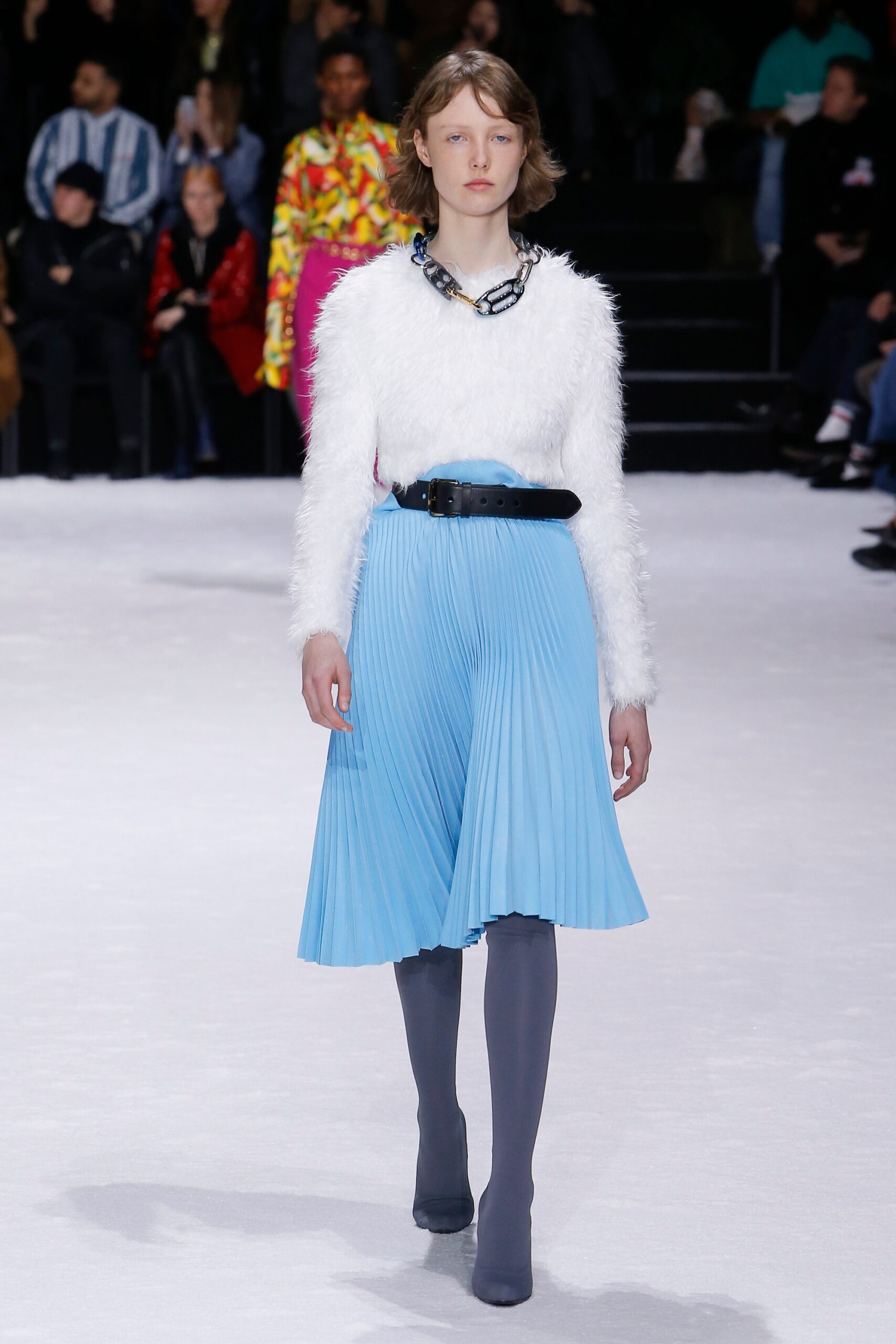white fur long-sleeve collared fitted textured top