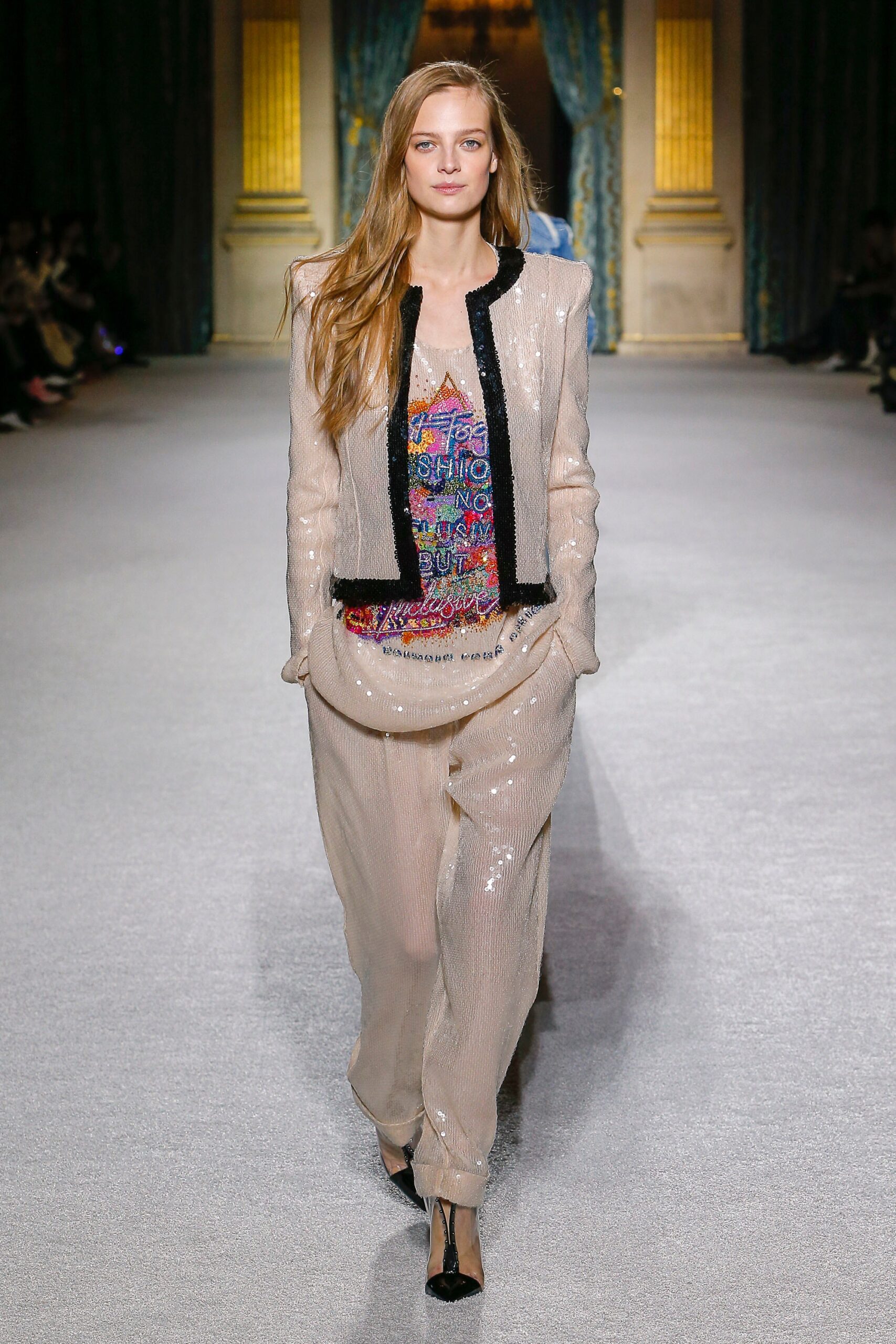 beige sequined blazer with printed top