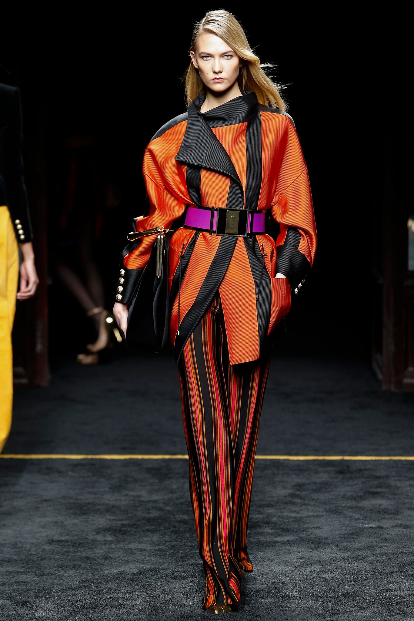 orange silk long-sleeve collared relaxed color-blocked jacket