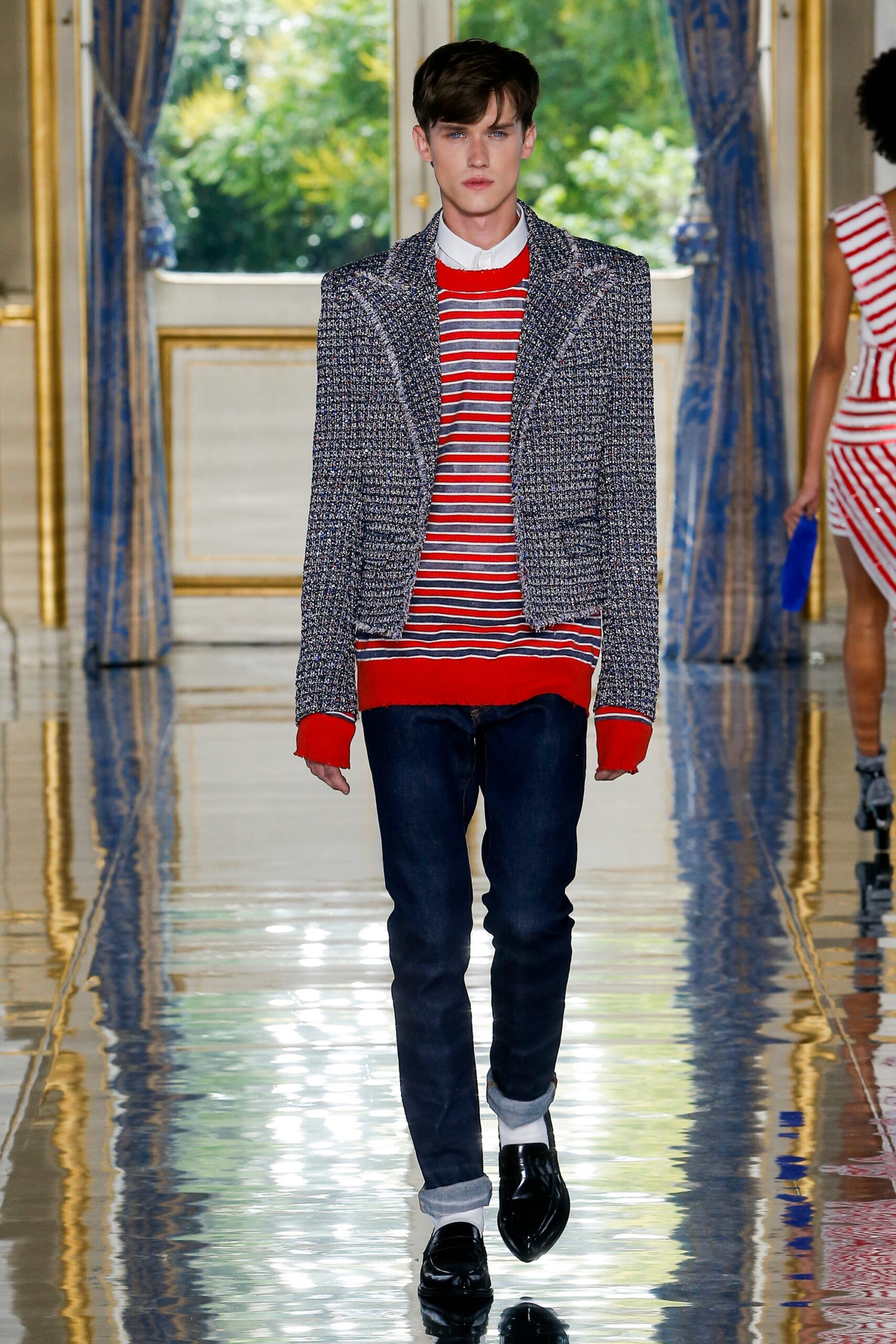 gray tweed jacket with striped sweater