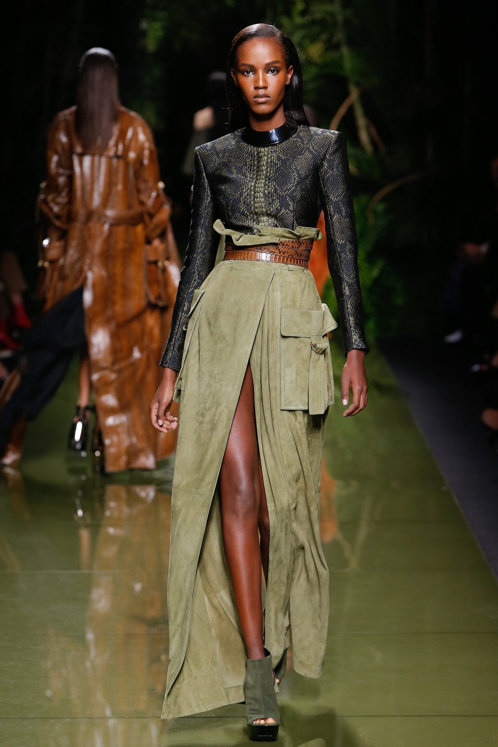 green suede maxi dress with belt