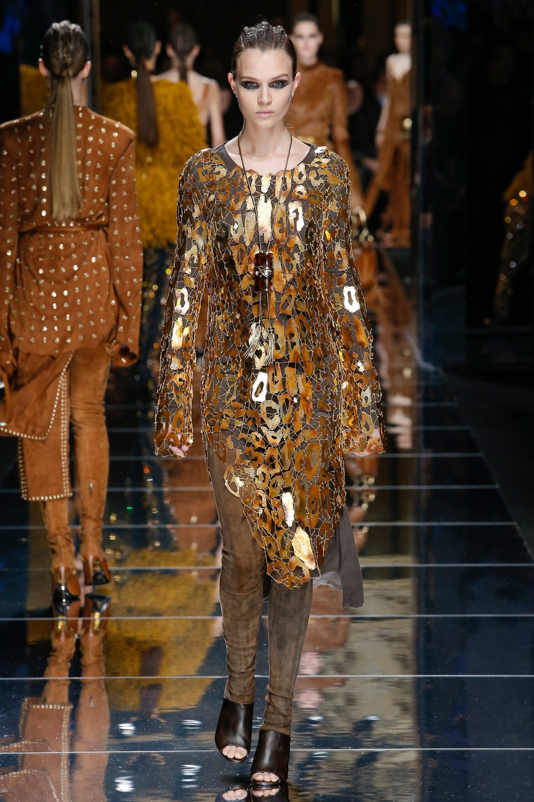 gold silk long-sleeve v-neck fitted layered embellished dress