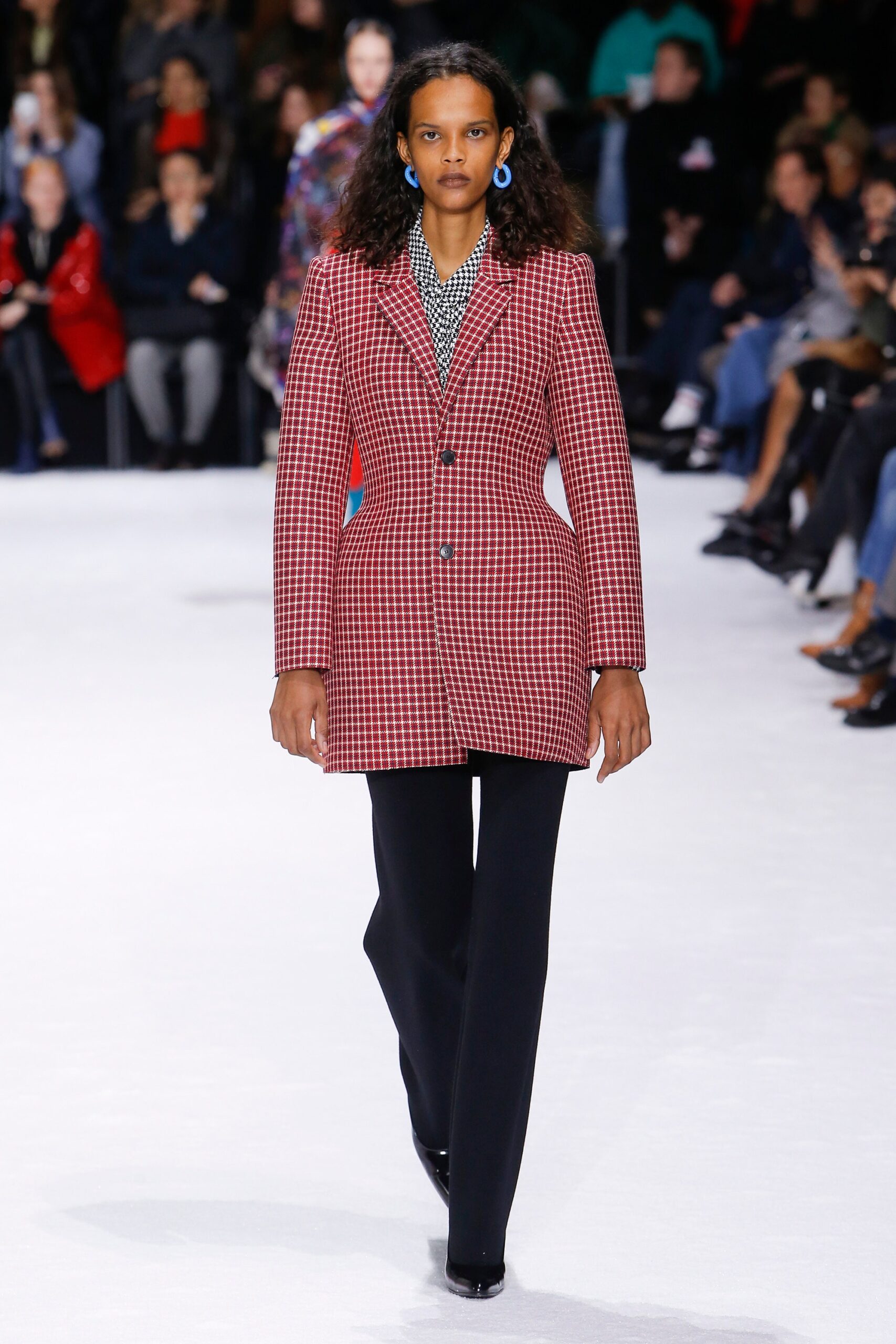 red checked tailored blazer with black pants