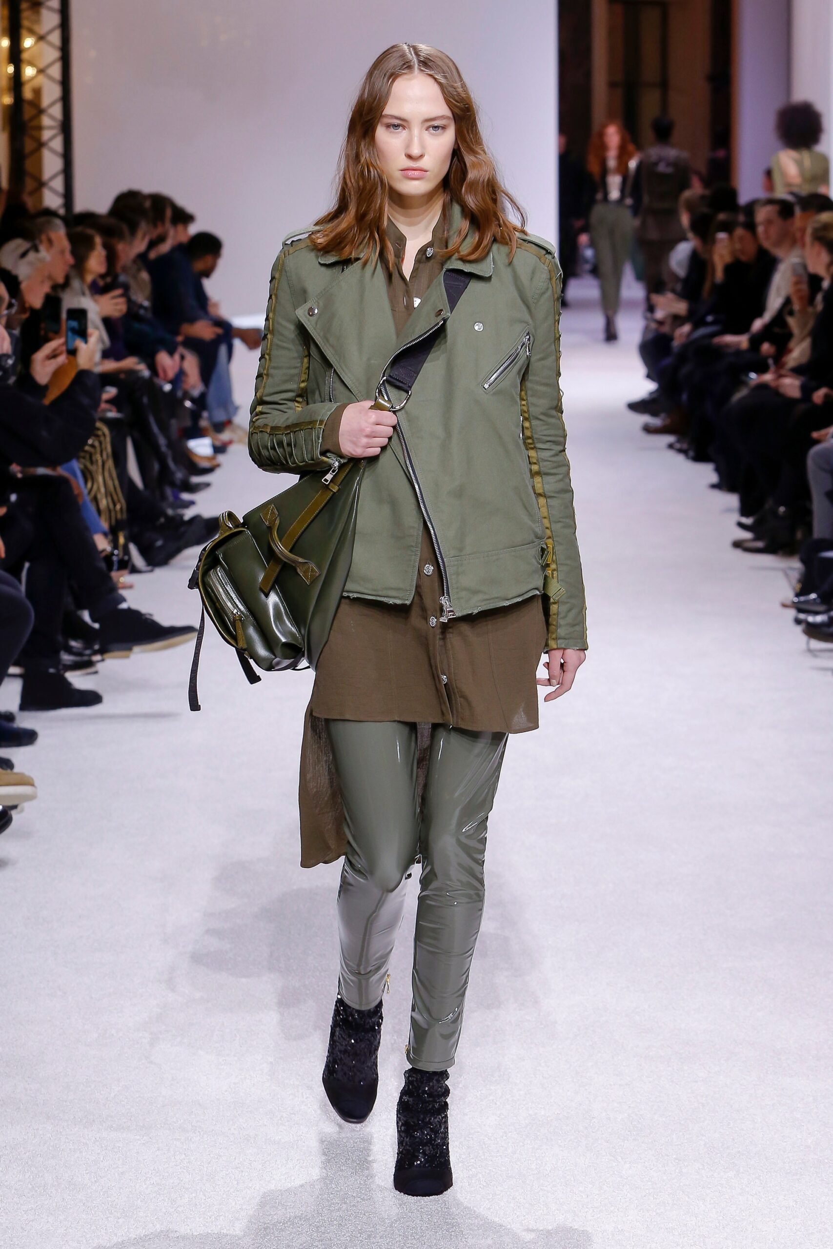 green vinyl fitted straight-leg shiny pants