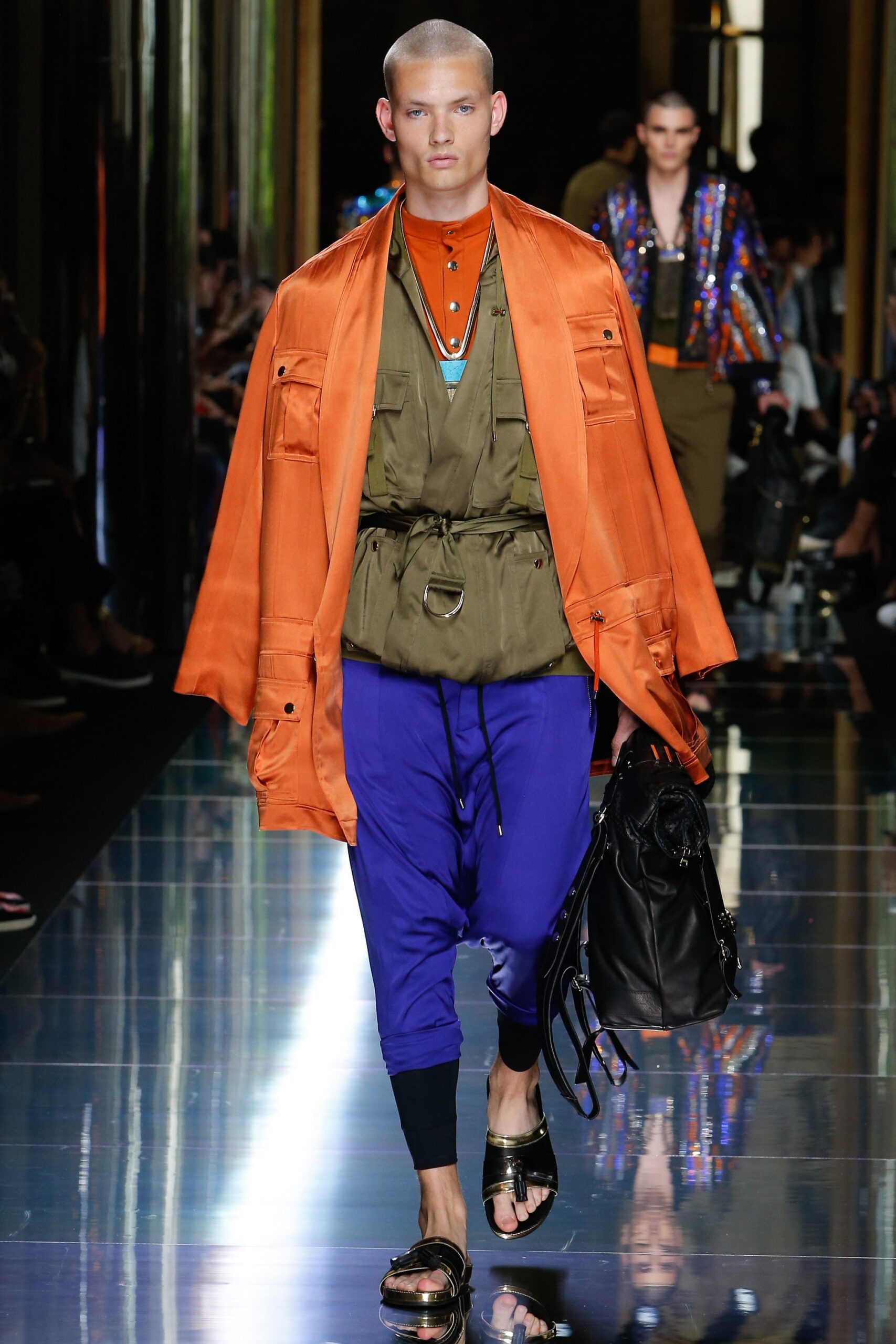 orange silk long-sleeve relaxed buttoned jacket