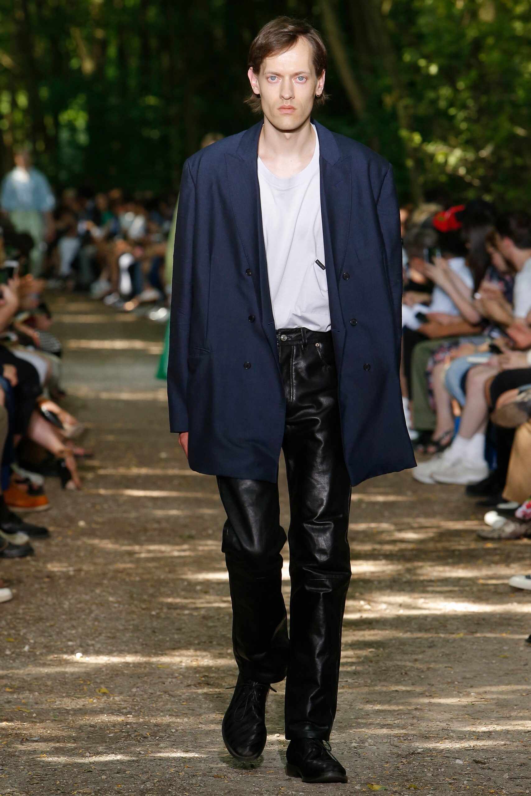 blue blazer white t-shirt black leather pants