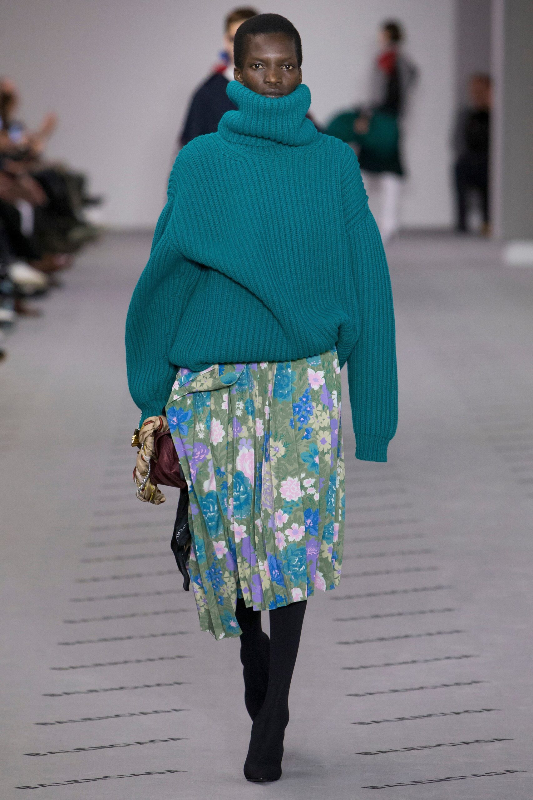 teal oversized sweater with pleated skirt
