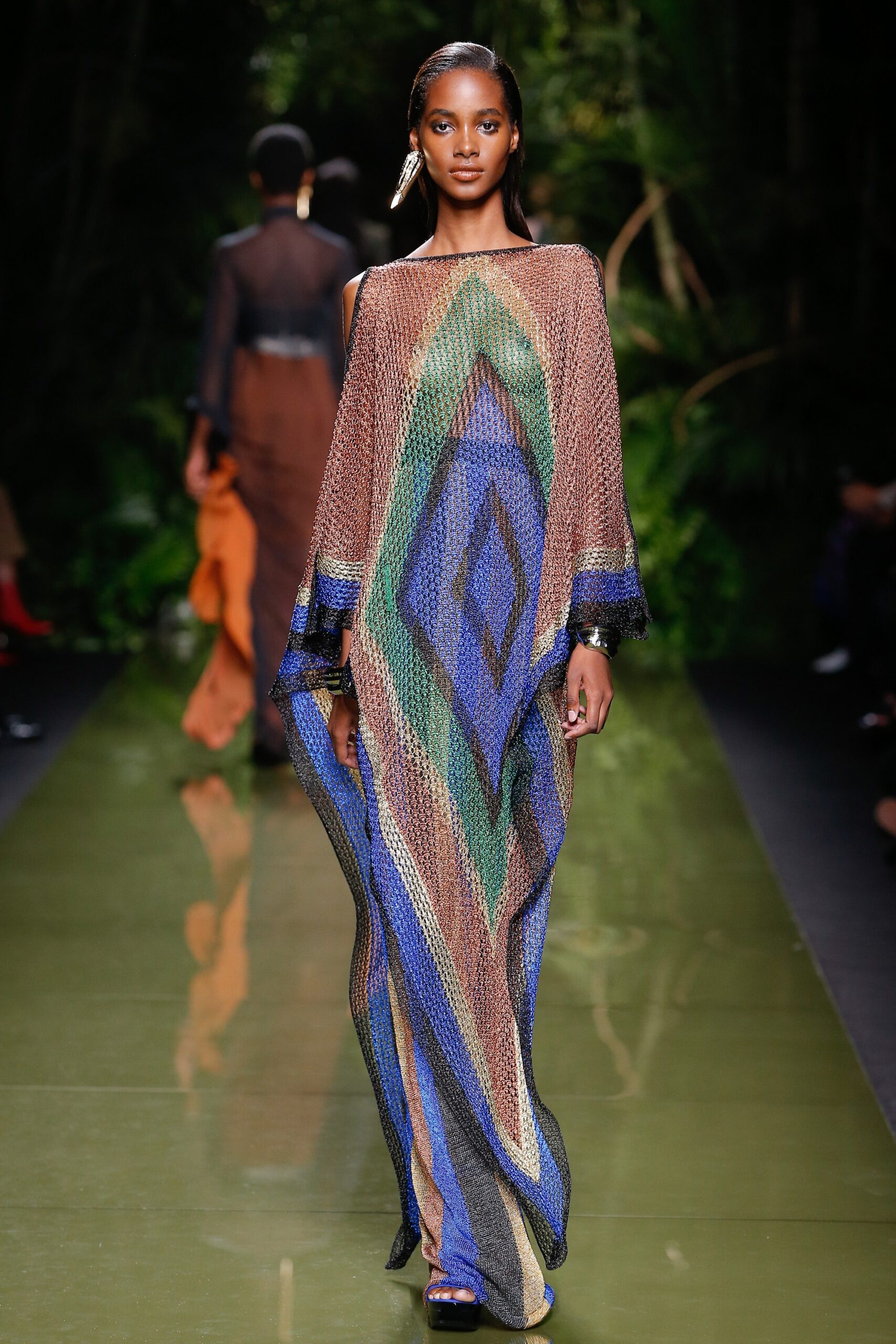 brown blue green mesh dress