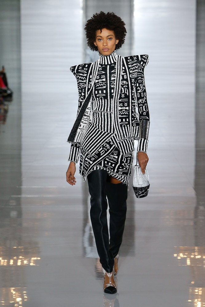 black cotton long-sleeve high-neck fitted printed mini dress