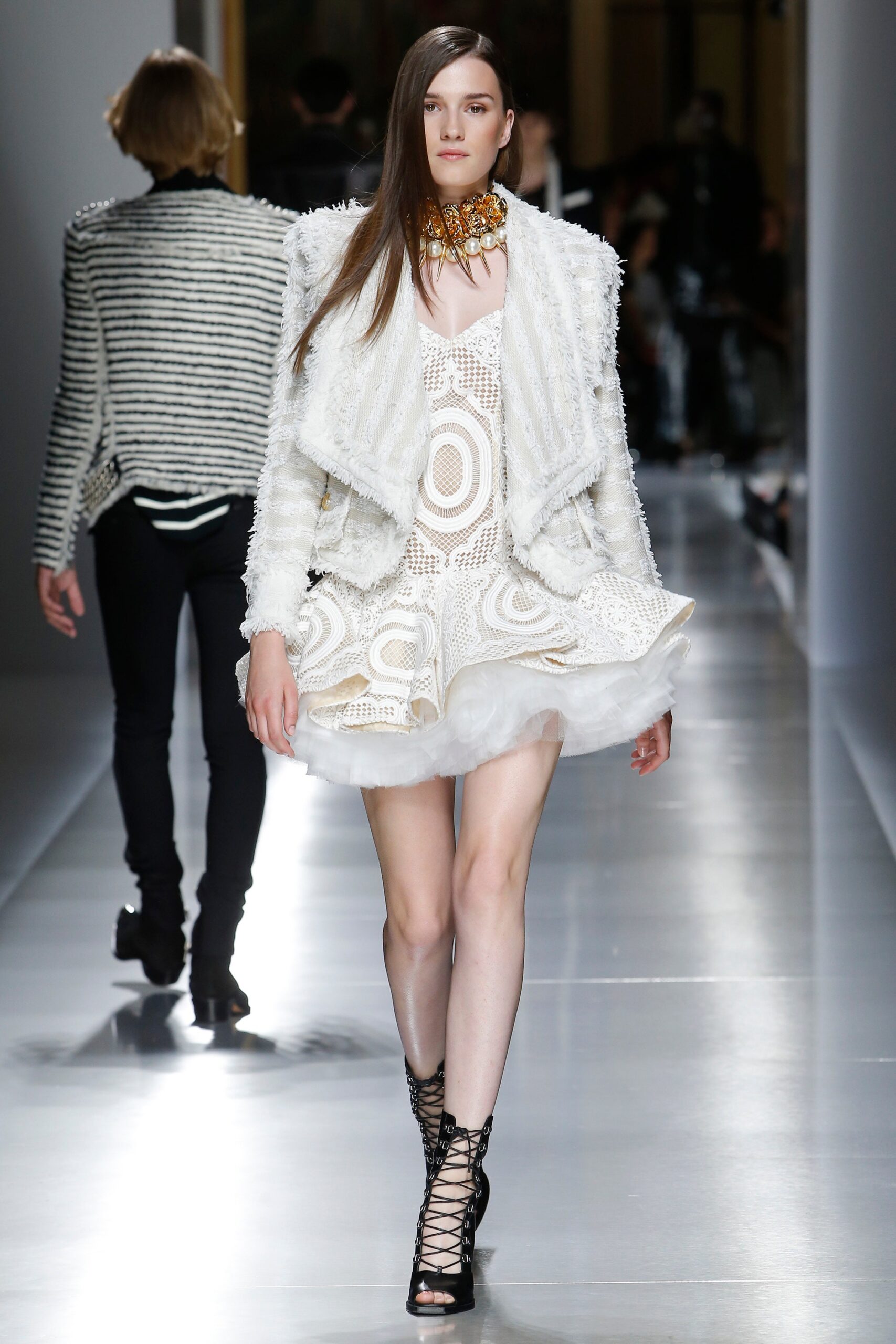 white mini dress with fringed jacket