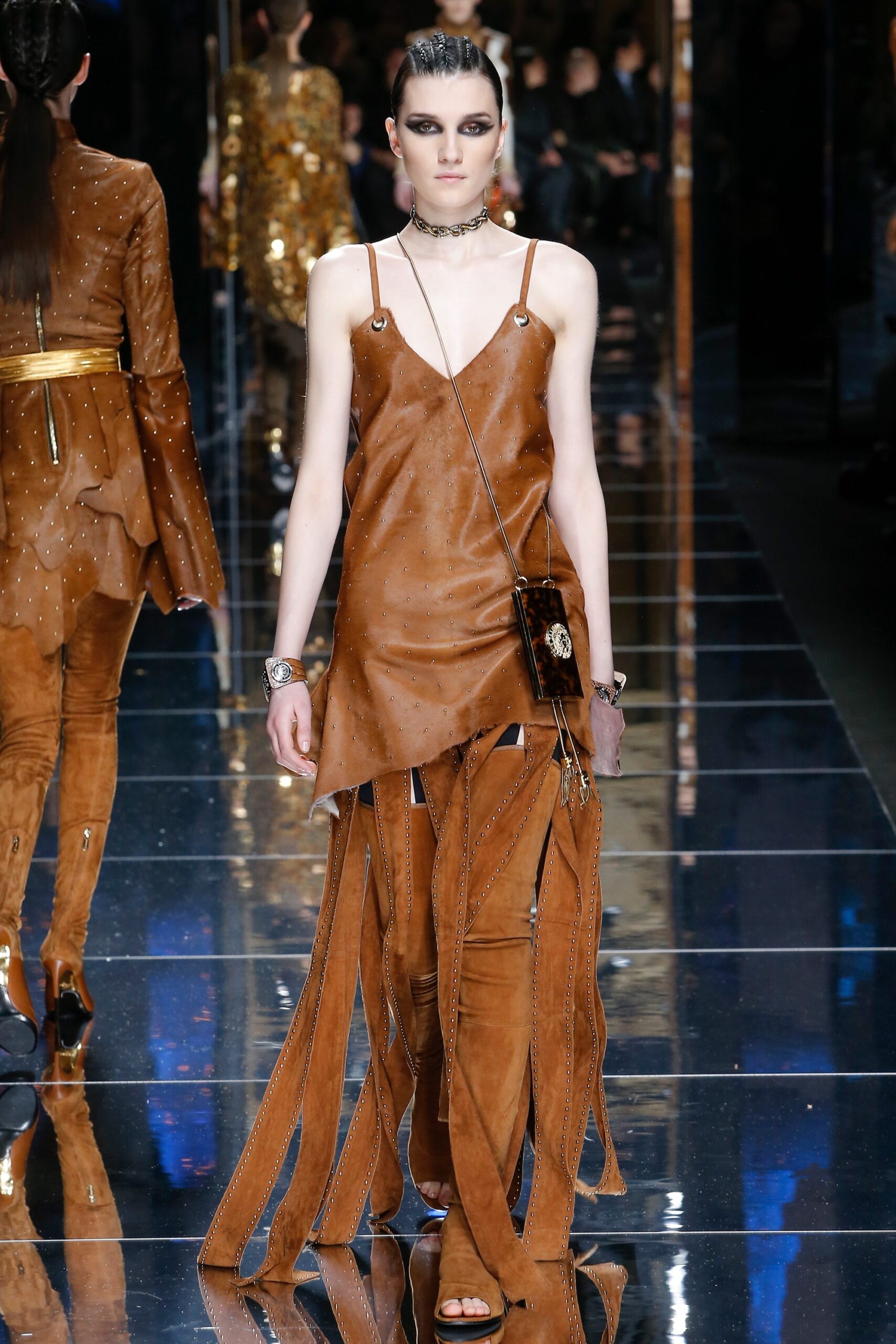 brown suede sleeveless v-neck fitted fringed midi dress